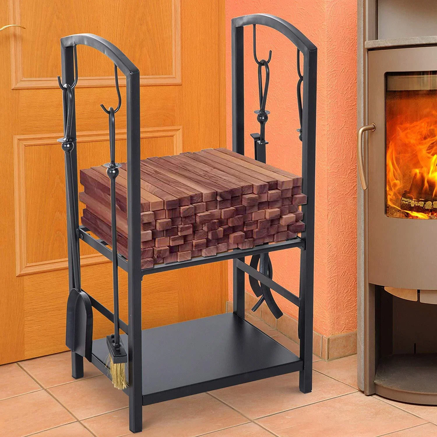 Kaminholzständer Brennholzregal mit Kaminbesteck Schwarz - 6