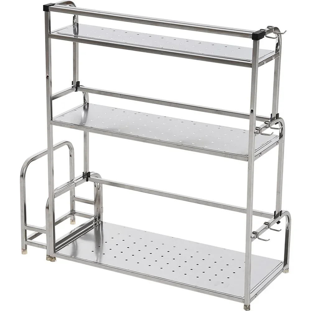 Küchenregal Standregal 3 Ablagen mit 6 Haken Multifunktions Edelstahl Silber L58 x B22 x H59cm - 2