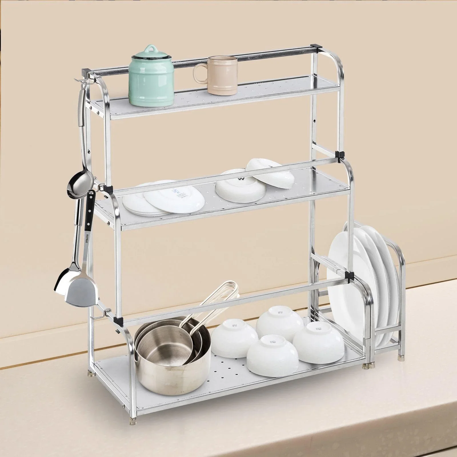 Küchenregal Standregal 3 Ablagen mit 6 Haken Multifunktions Edelstahl Silber L58 x B22 x H59cm - 3