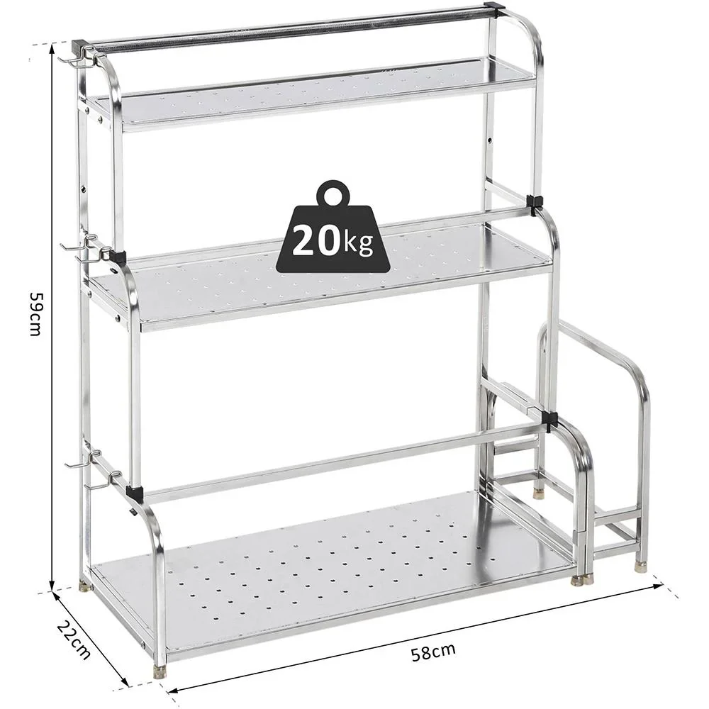 Küchenregal Standregal 3 Ablagen mit 6 Haken Multifunktions Edelstahl Silber L58 x B22 x H59cm - 8