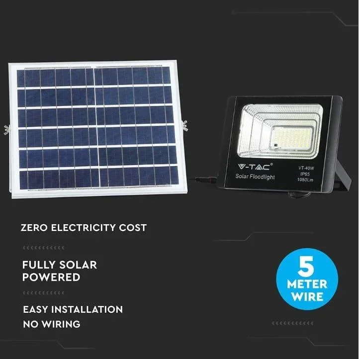 VT-40W Solar-Flutlicht mit Solarpanel - 1050 Lm - 6000K - Schwarz - 3
