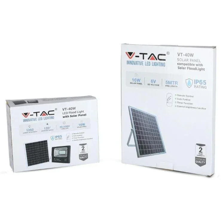 VT-40W Solar-Flutlicht mit Solarpanel - 1050 Lm - 6000K - Schwarz - 6
