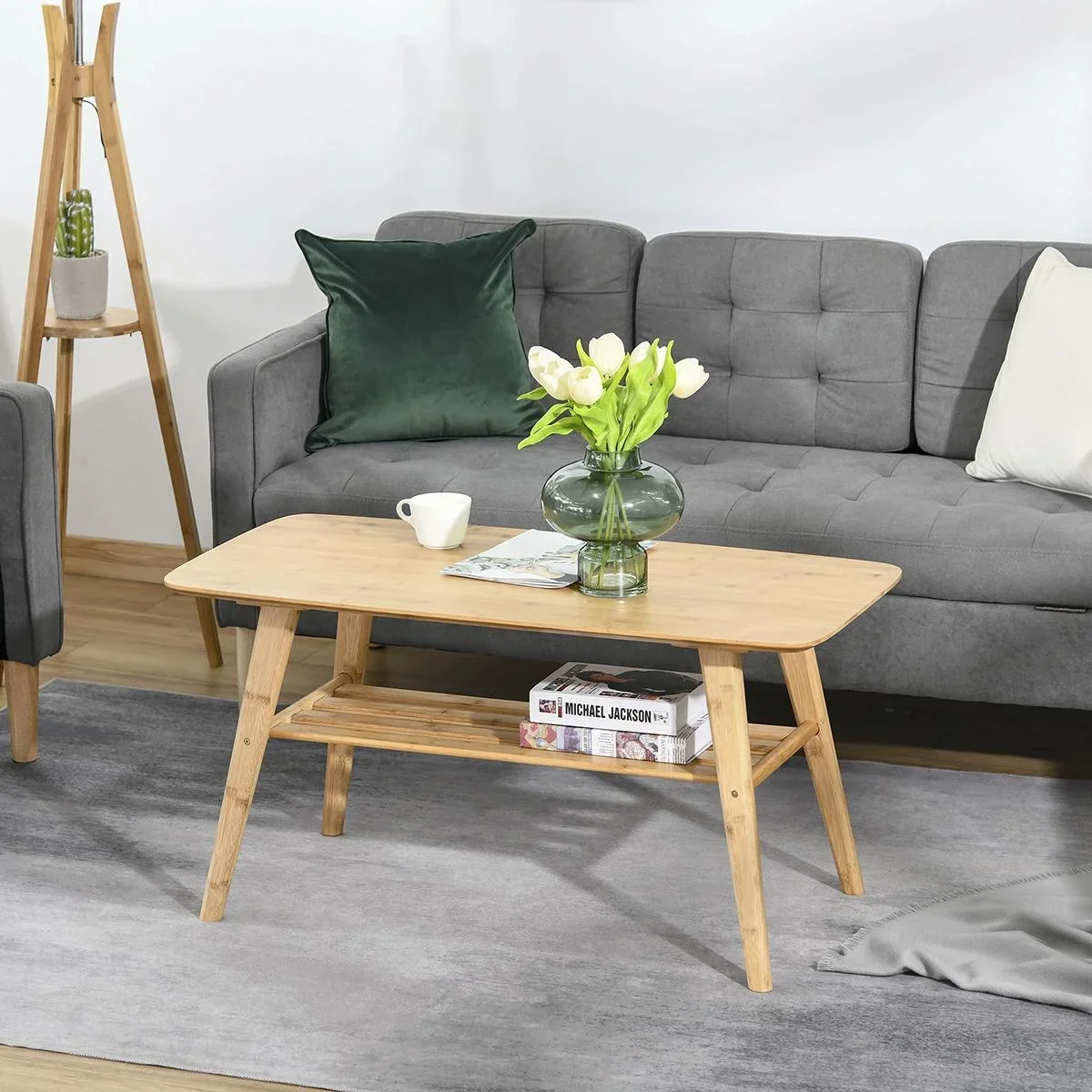 Couchtisch Beistelltisch Bambustisch Tisch Wohnzimmertisch Kaffeetisch mit Regal minimalistisch stabil Bambus Naturholz - 0