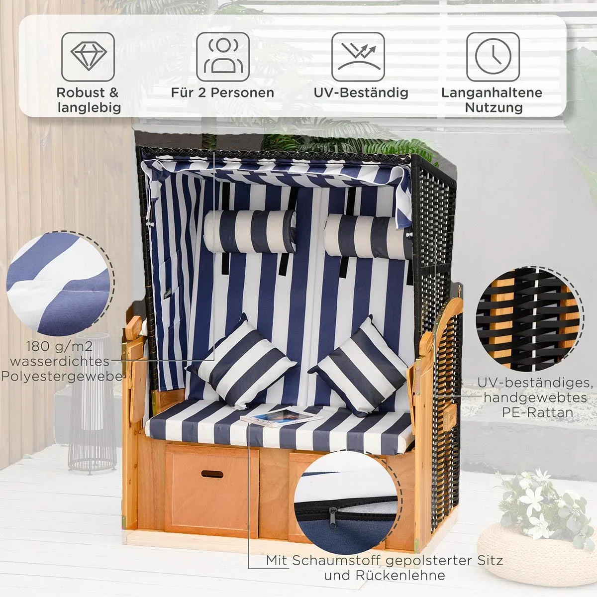 Strandkorb Doppelte Sonnenliege mit Dach Doppelliege mit Getränkehaltern Chaiselongue 5-stufige Rückenlehne PE-Rattan Bl - 1