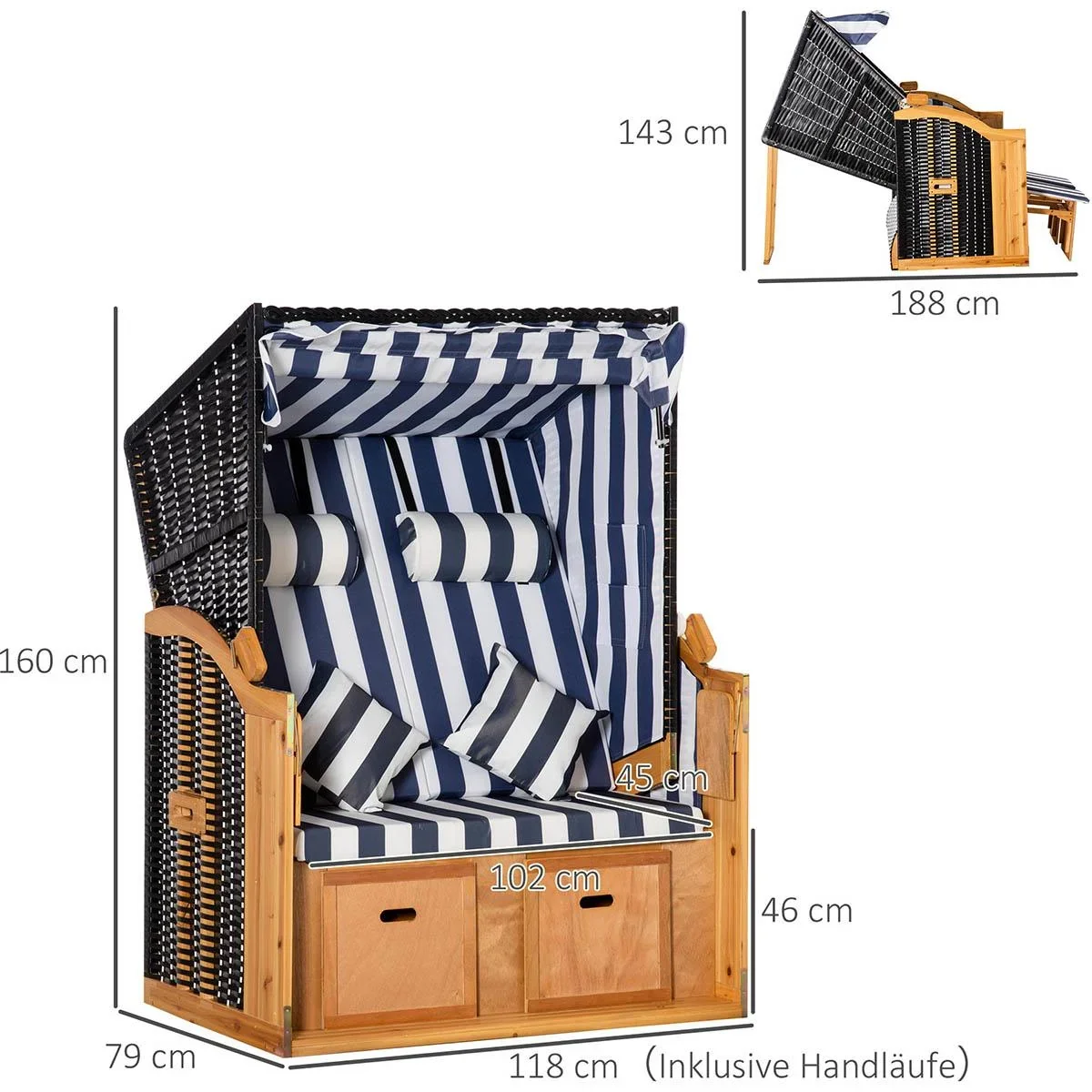 Strandkorb Doppelte Sonnenliege mit Dach Doppelliege mit Getränkehaltern Chaiselongue 5-stufige Rückenlehne PE-Rattan Bl - 2