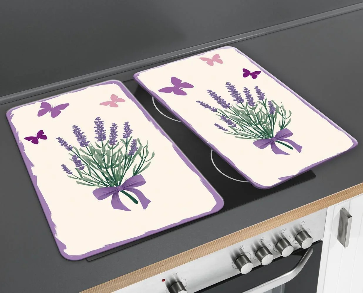 3 in 1 Herd-Abdeckplatten, Schneidbretter, Arbeitsplatten, Glas, Lavendel Bouquet-Design, je 52 x 30 cm, 2er-Set - 0
