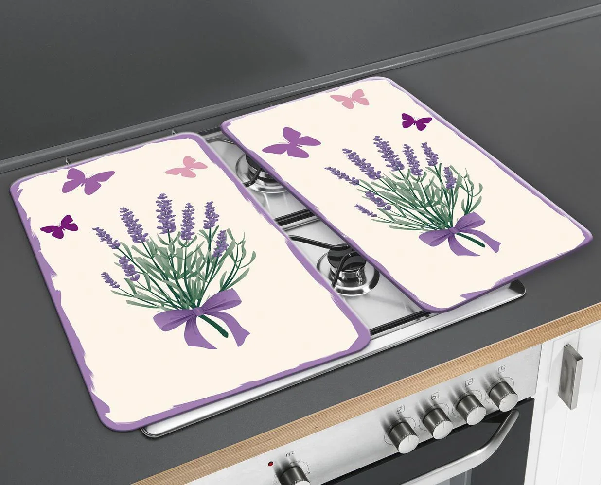 3 in 1 Herd-Abdeckplatten, Schneidbretter, Arbeitsplatten, Glas, Lavendel Bouquet-Design, je 52 x 30 cm, 2er-Set - 2