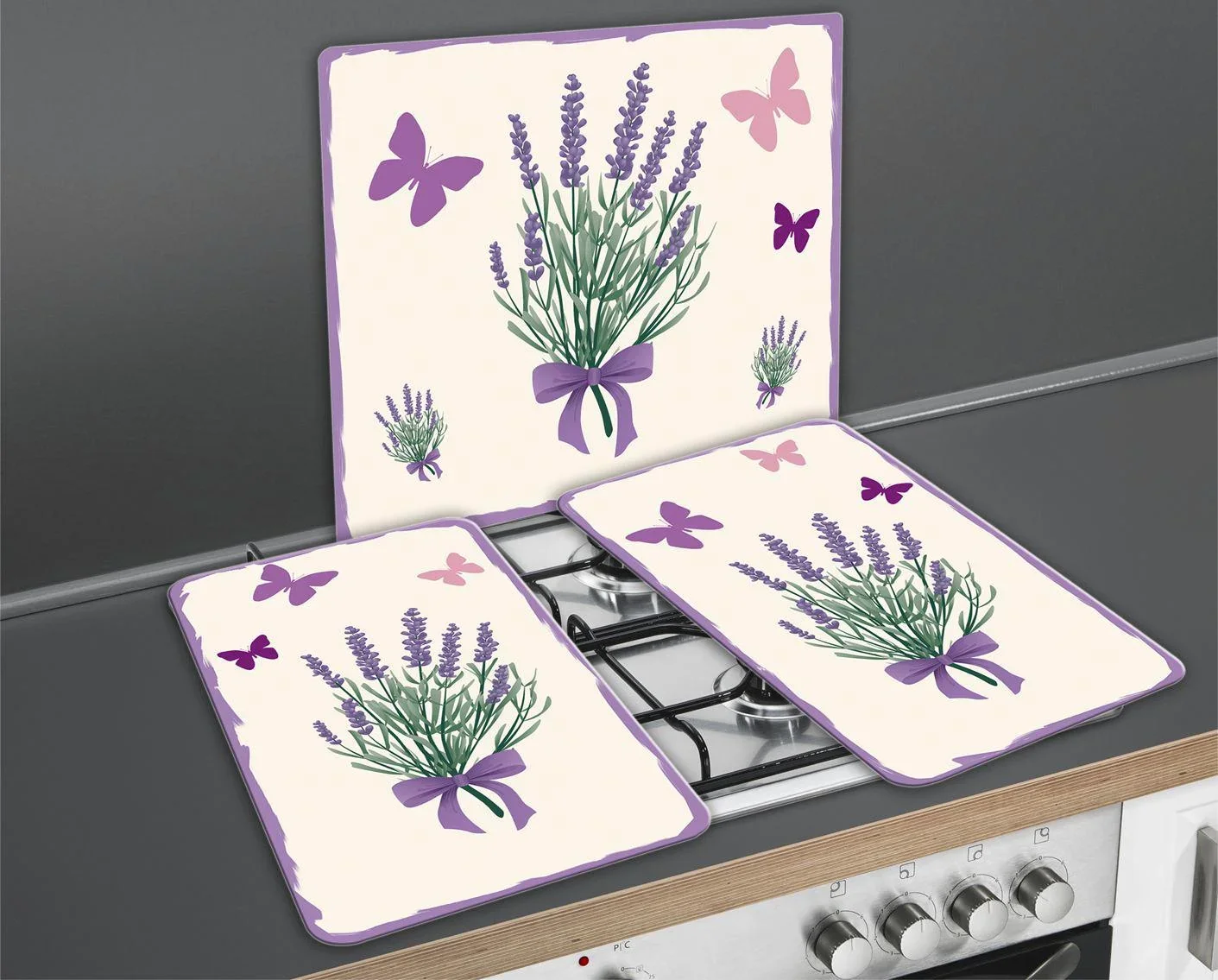 3 in 1 Herd-Abdeckplatten, Schneidbretter, Arbeitsplatten, Glas, Lavendel Bouquet-Design, je 52 x 30 cm, 2er-Set - 3