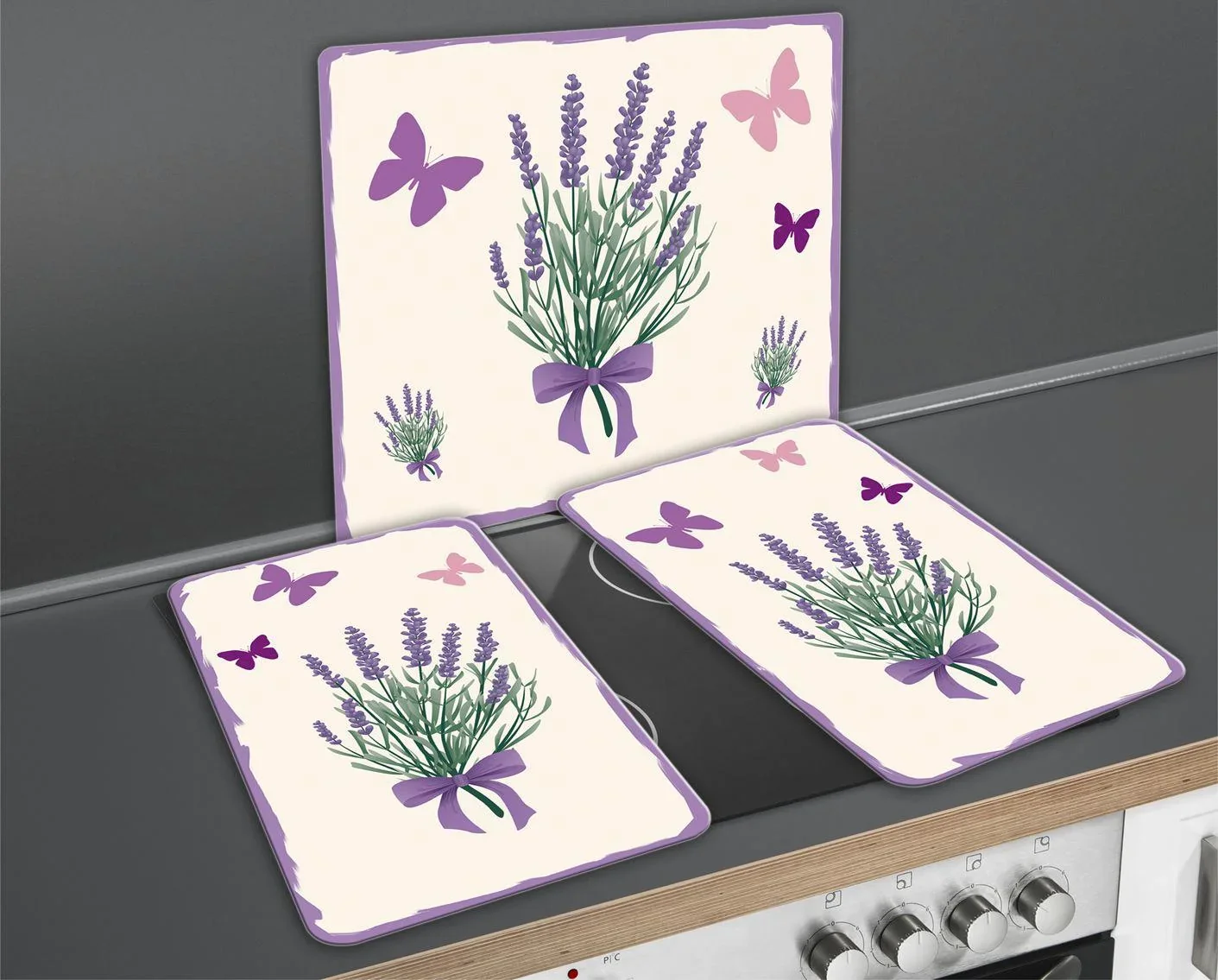 3 in 1 Herd-Abdeckplatten, Schneidbretter, Arbeitsplatten, Glas, Lavendel Bouquet-Design, je 52 x 30 cm, 2er-Set - 5