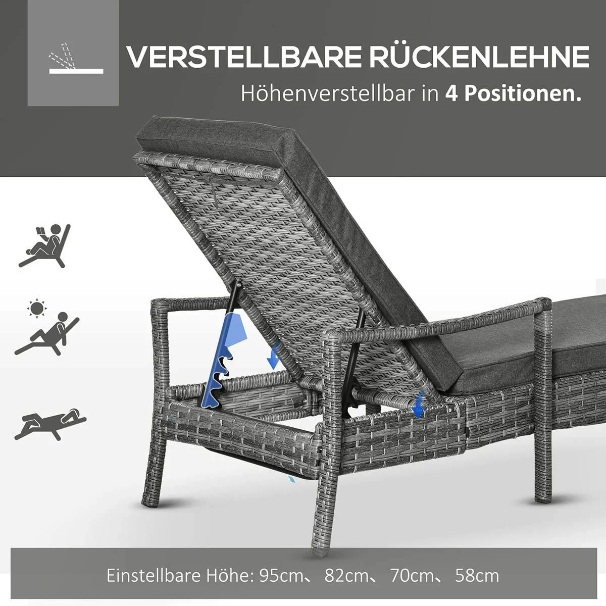 Sonnenliege Polyrattan Gartenliege Rattanliege Gartenmöbel Liege mit Polsterauflage 4 Stufen verstellbar Grau 192 x 62,5 - 1