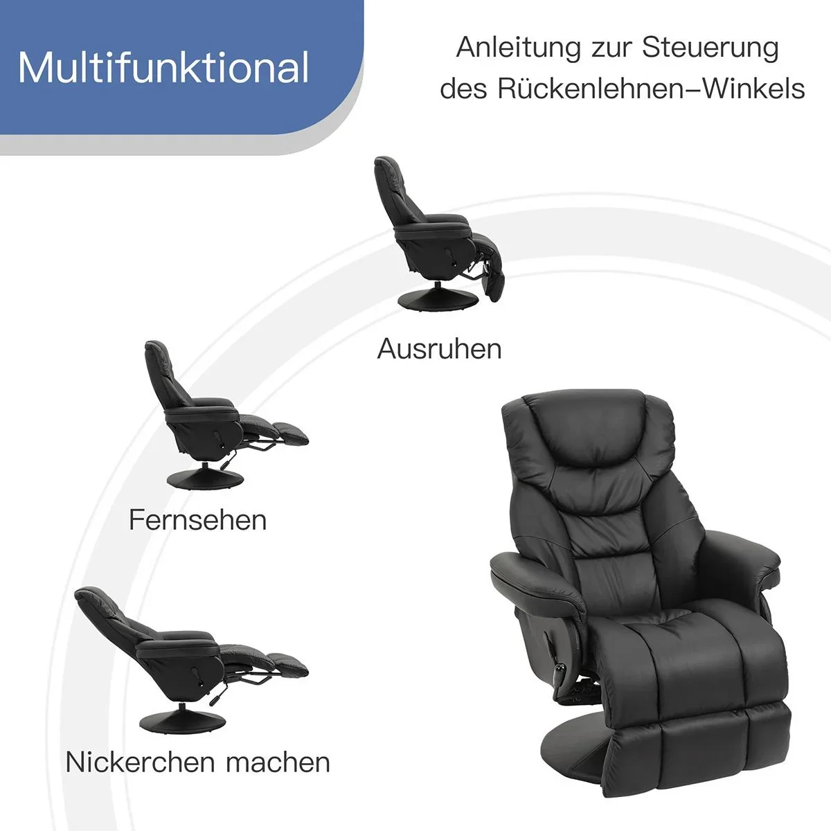 Relaxsessel, Fernsehsessel, Einzelsofa 135 °Neigung, Stahl+PU+Schaumstoff+Kunststoff, Schwarz, 79 x 81 x 107 cm - 0