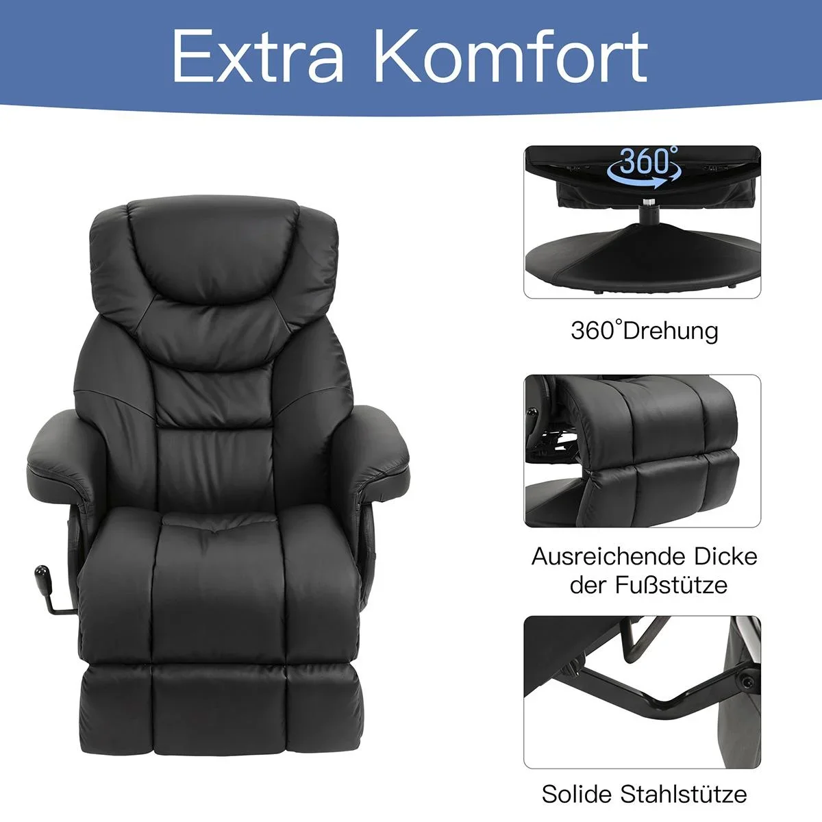 Relaxsessel, Fernsehsessel, Einzelsofa 135 °Neigung, Stahl+PU+Schaumstoff+Kunststoff, Schwarz, 79 x 81 x 107 cm - 3