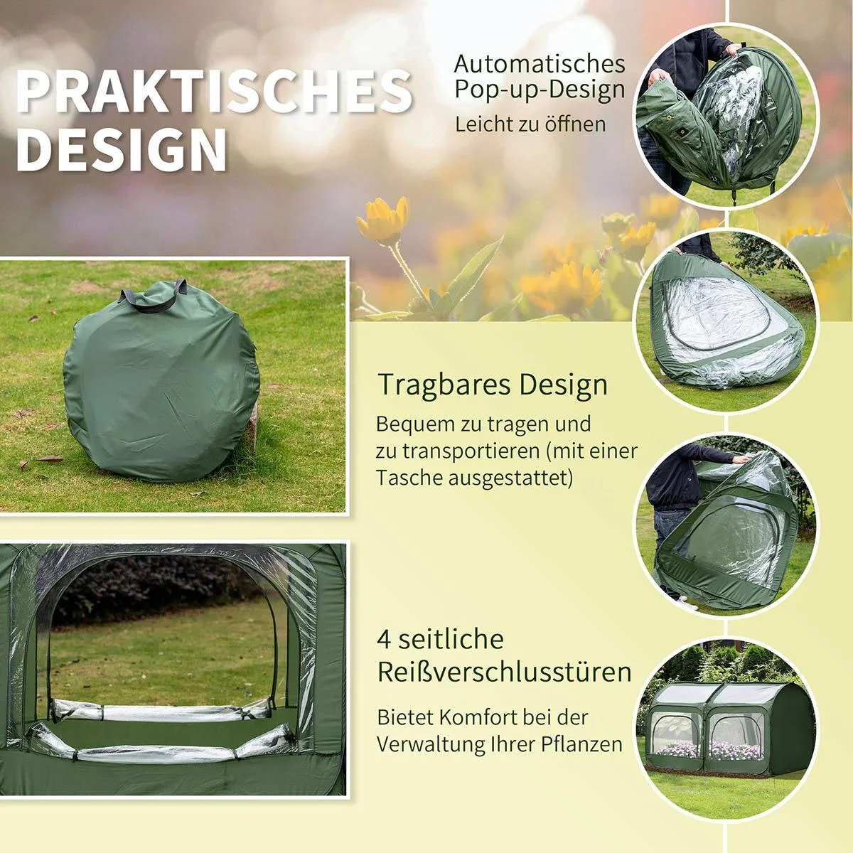 Pop-Up Gewächshaus mit 4 Reißverschlusstüren Treibhaus Tomatenhaus Frühbeet Stahl PVC Transparent 250 x 125 x 135 cm - 1