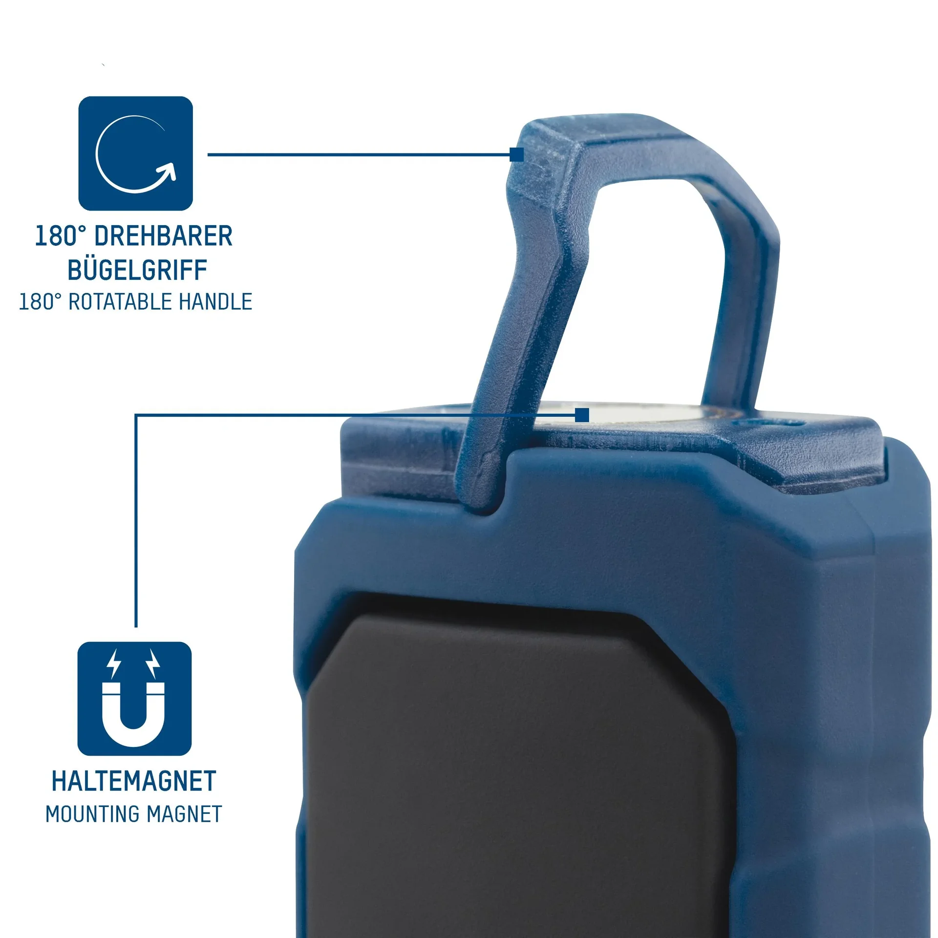 Multifunktionale Werkstattleuchte mit drehbarem Bügelgriff, batteriebetrieben - 4