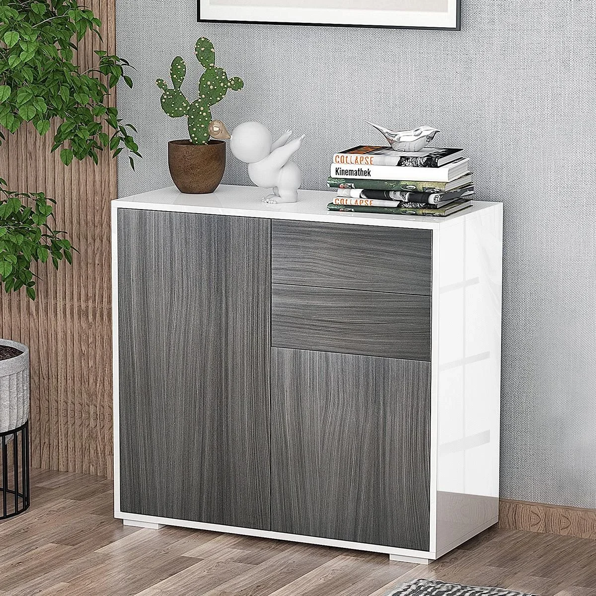 Standschrank Aufbewahrungsschrank Mehrzweckschrank Aktenschrank Kommode 2 Schublade 2 Türen E1 Spanplatte Hochglanz wei - 0