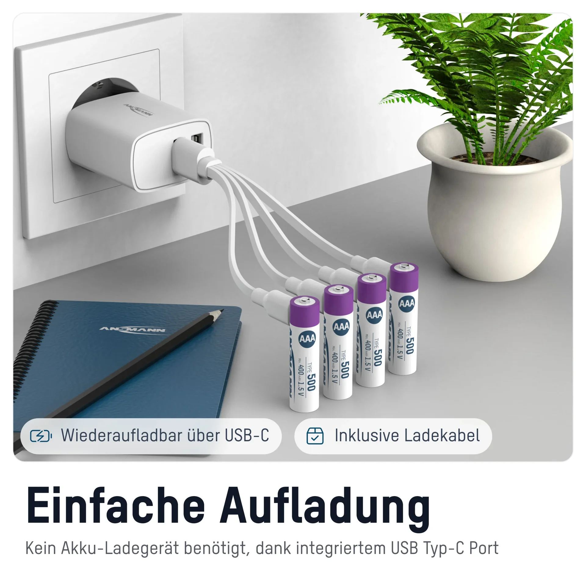 Lithium Ionen Micro (AAA) Akkus USB-C - 4 Stück, Sicherheitsabschaltung - 3