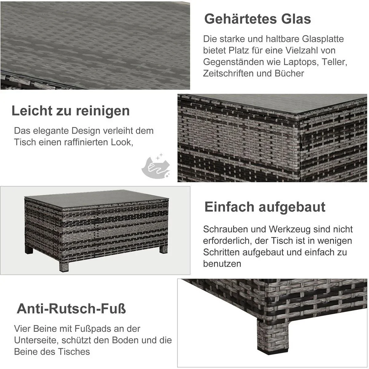 Garten Beistelltisch Couchtisch Gartentisch Balkontisch Polyrattan Grau 85 x 50 x 39 cm - 1