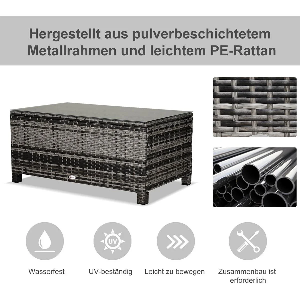 Garten Beistelltisch Couchtisch Gartentisch Balkontisch Polyrattan Grau 85 x 50 x 39 cm - 2