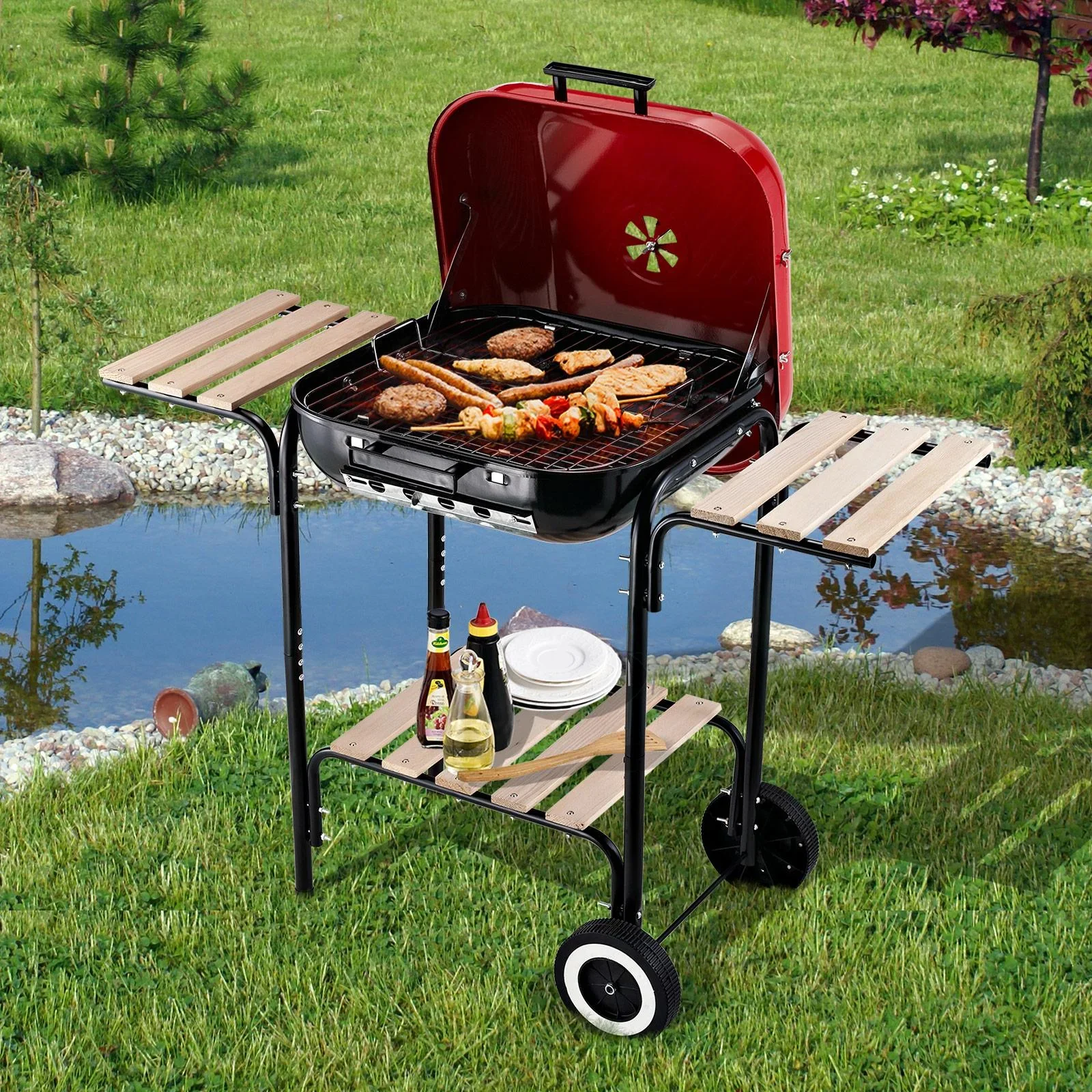 Kohlegrill Standgrill Grillwagen mit Windschutz 3 x Ablagefach Metall Rot 98 x 49 x 81 cm - 0