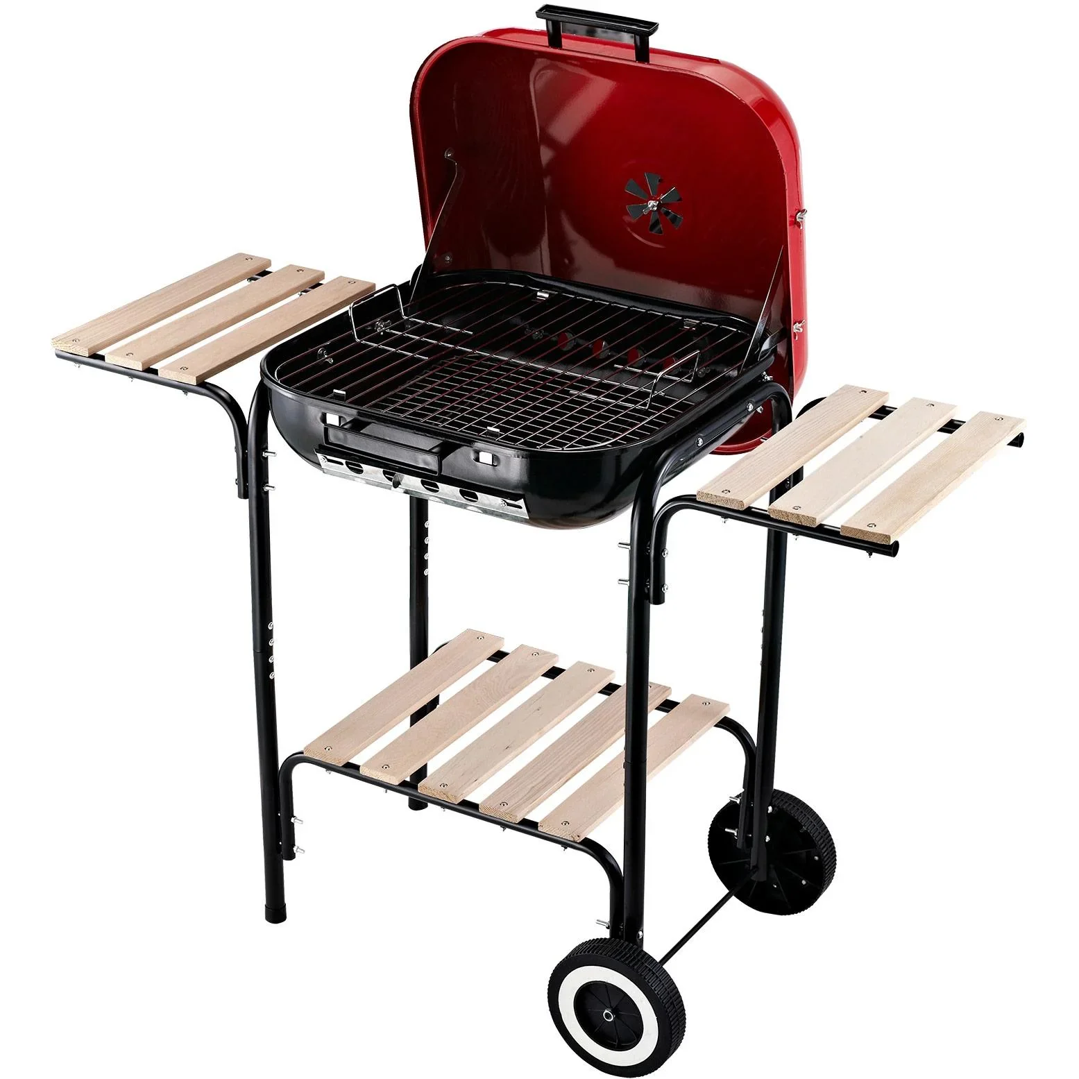 Kohlegrill Standgrill Grillwagen mit Windschutz 3 x Ablagefach Metall Rot 98 x 49 x 81 cm - 1