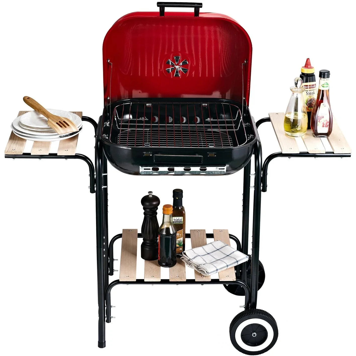 Kohlegrill Standgrill Grillwagen mit Windschutz 3 x Ablagefach Metall Rot 98 x 49 x 81 cm - 5