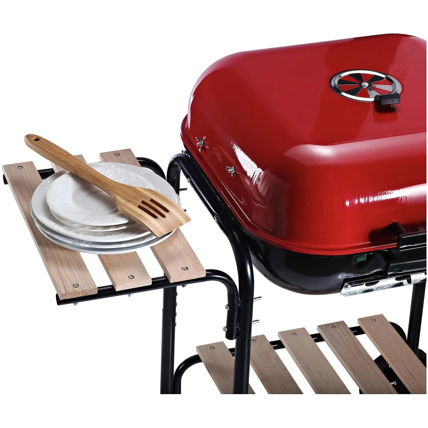 Kohlegrill Standgrill Grillwagen mit Windschutz 3 x Ablagefach Metall Rot 98 x 49 x 81 cm - 6