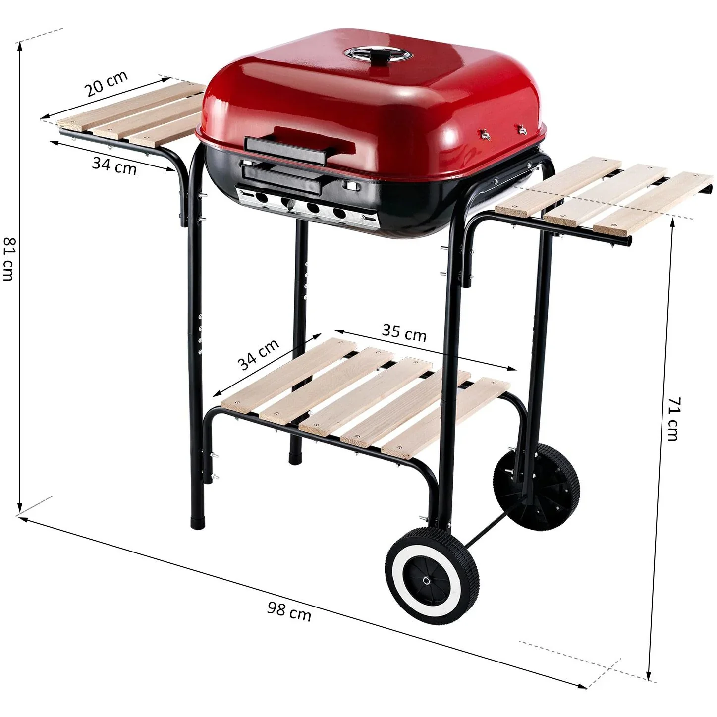Kohlegrill Standgrill Grillwagen mit Windschutz 3 x Ablagefach Metall Rot 98 x 49 x 81 cm - 7