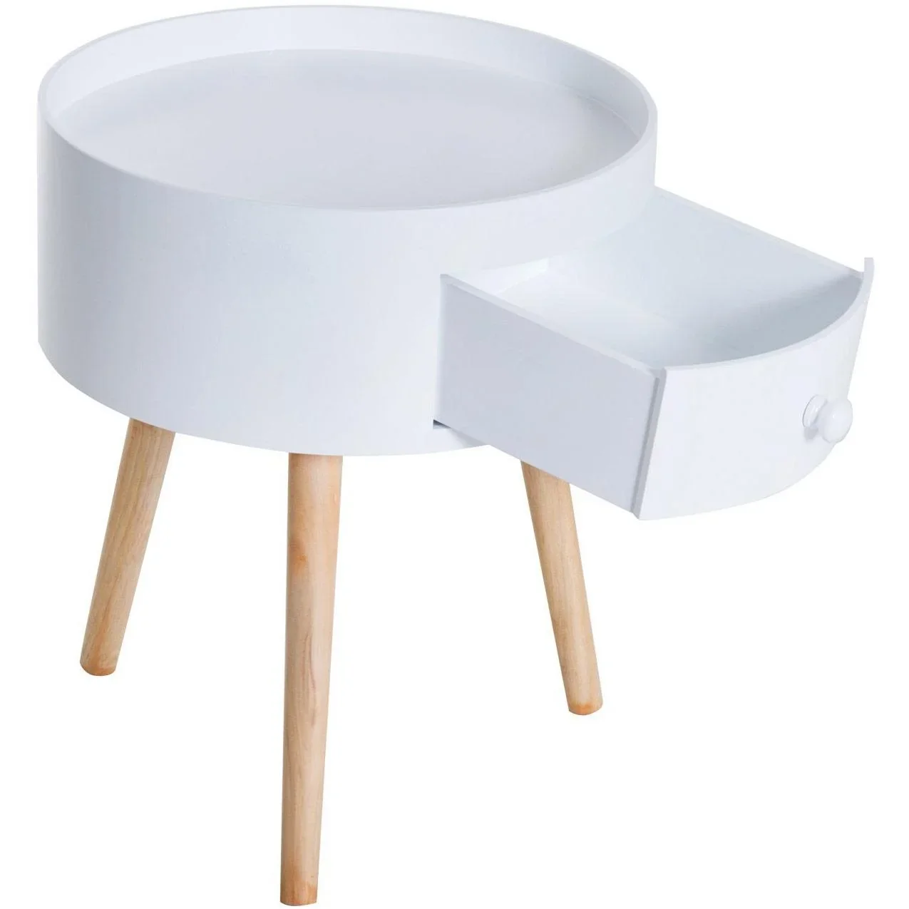 Couchtisch rund Beistelltisch mit Schublade Holz Weiß - 4