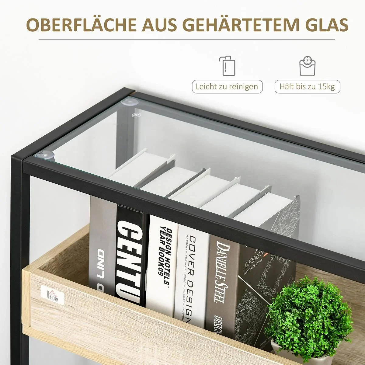 Standregal Sideboard mit Glasoberfläche offenen Fächern Beistellschrank Bücherregal Küchenregal industrieller Stil für W - 0
