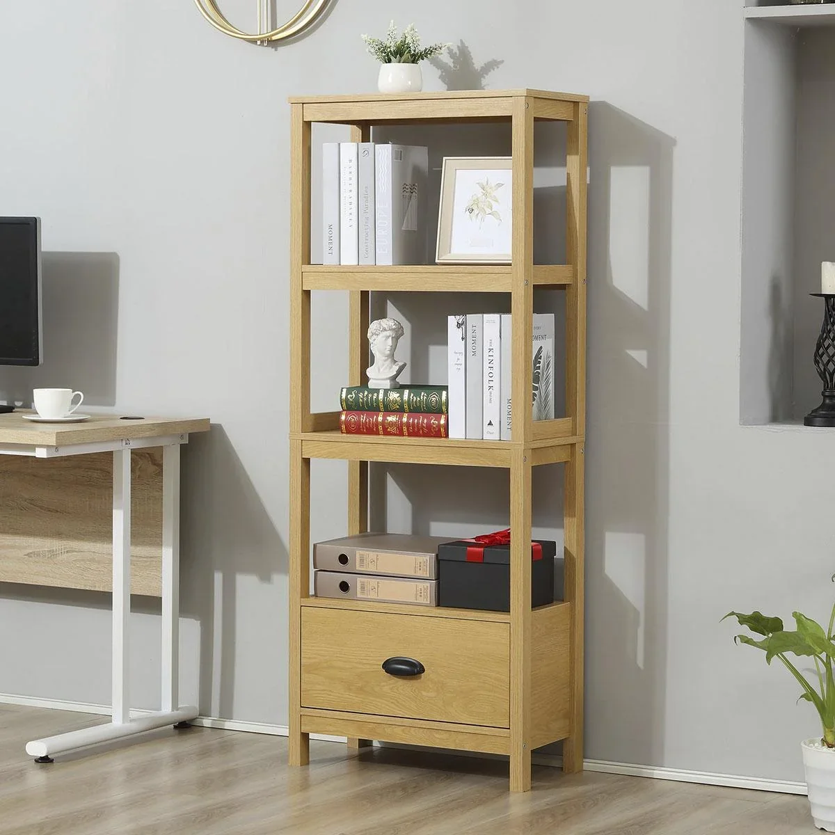 Strandregal Bücherregal 3-stufiges mit Schublade Büroregal Lagerregal Aktenregal Küchenregal MDF Eiche 60 x 30 x 150 cm - 1