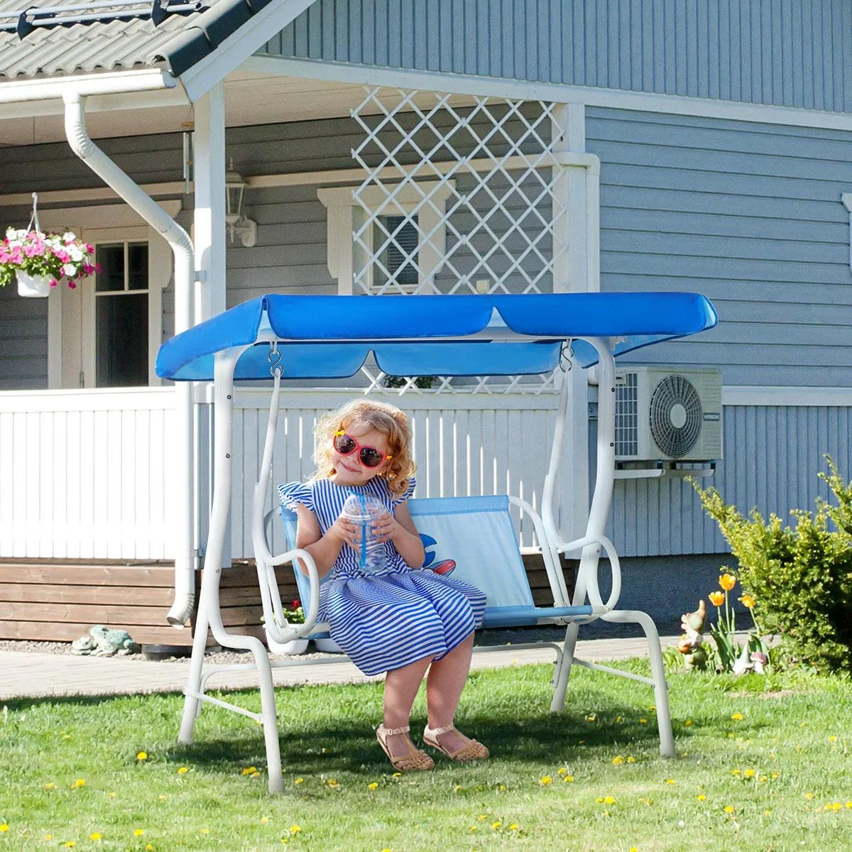 Kinderhängematte 2-Sitzer Kinderschaukel mit verstellbarem Sonnendach für 3-6 Jahre Kinder Metall blau 110 x 74 x 113 cm - 2
