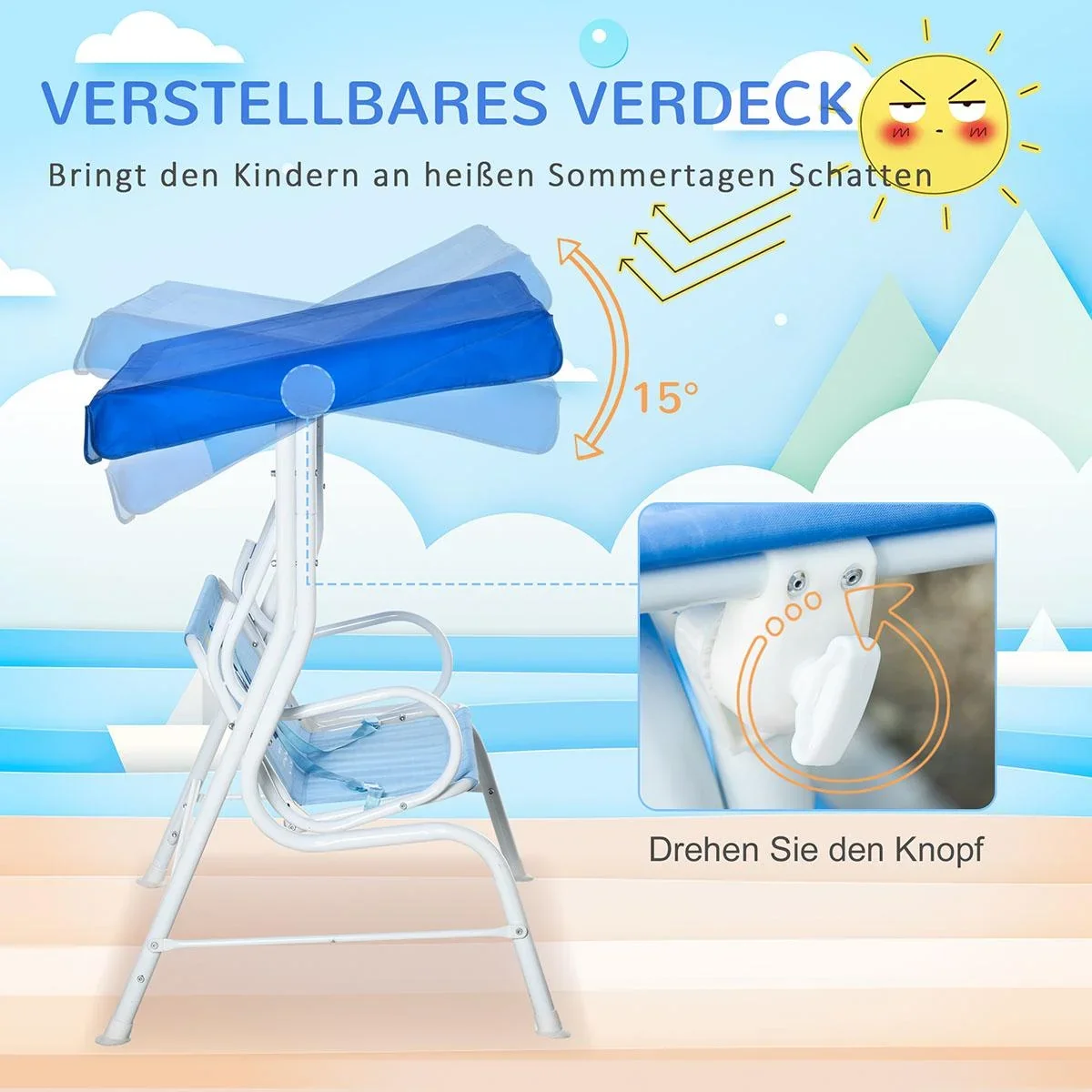 Kinderhängematte 2-Sitzer Kinderschaukel mit verstellbarem Sonnendach für 3-6 Jahre Kinder Metall blau 110 x 74 x 113 cm - 4