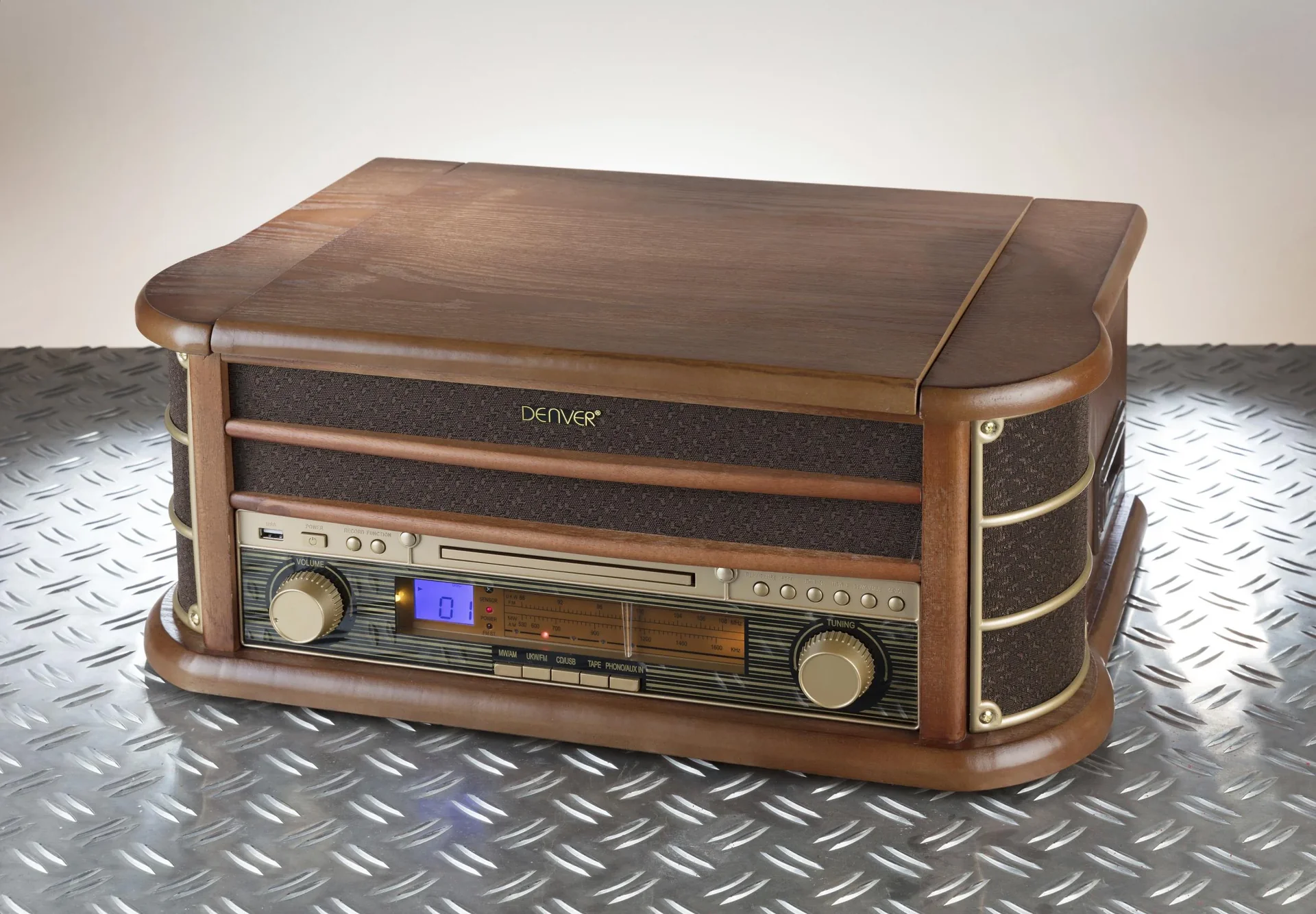 Retro Plattenspieler mit USB, CD, Radio, Kassette und Lautsprechern - 0