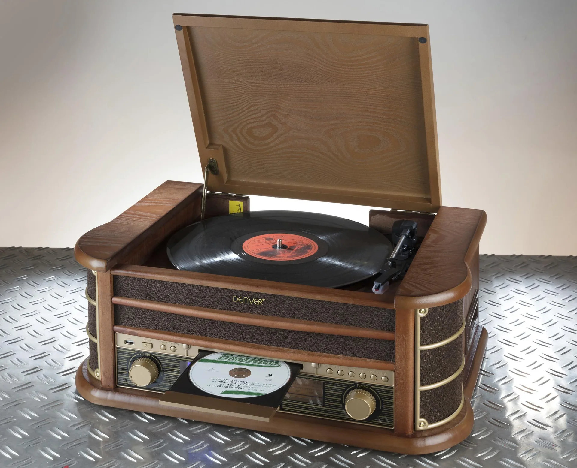 Retro Plattenspieler mit USB, CD, Radio, Kassette und Lautsprechern - 3