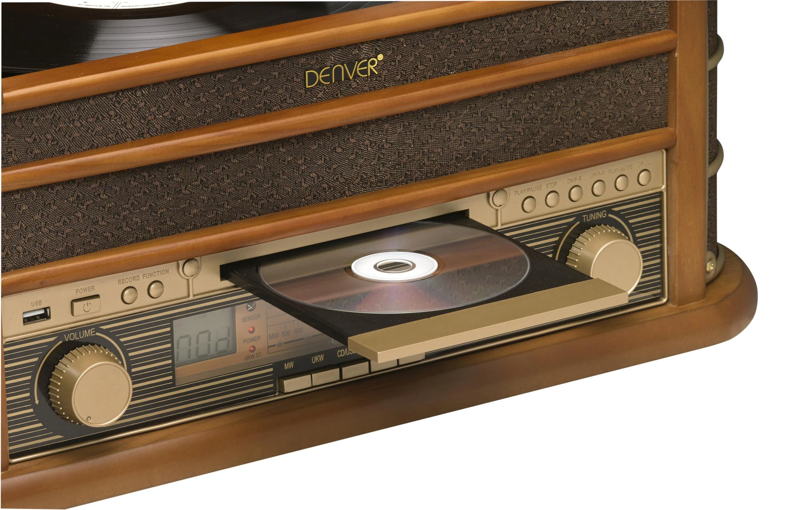 Retro Plattenspieler mit USB, CD, Radio, Kassette und Lautsprechern - 6