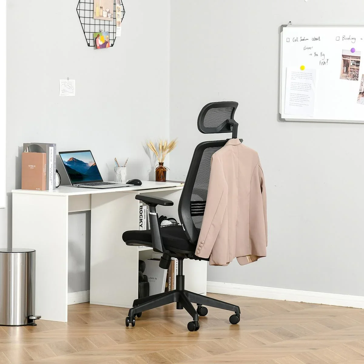 Bürostuhl Schreibtischstuhl Arbeitstuhl mit Kopfstütze Kleiderbügel höhenverstellbarer Drehstuhl Nylon Mesh Schwarz 66 x - 0