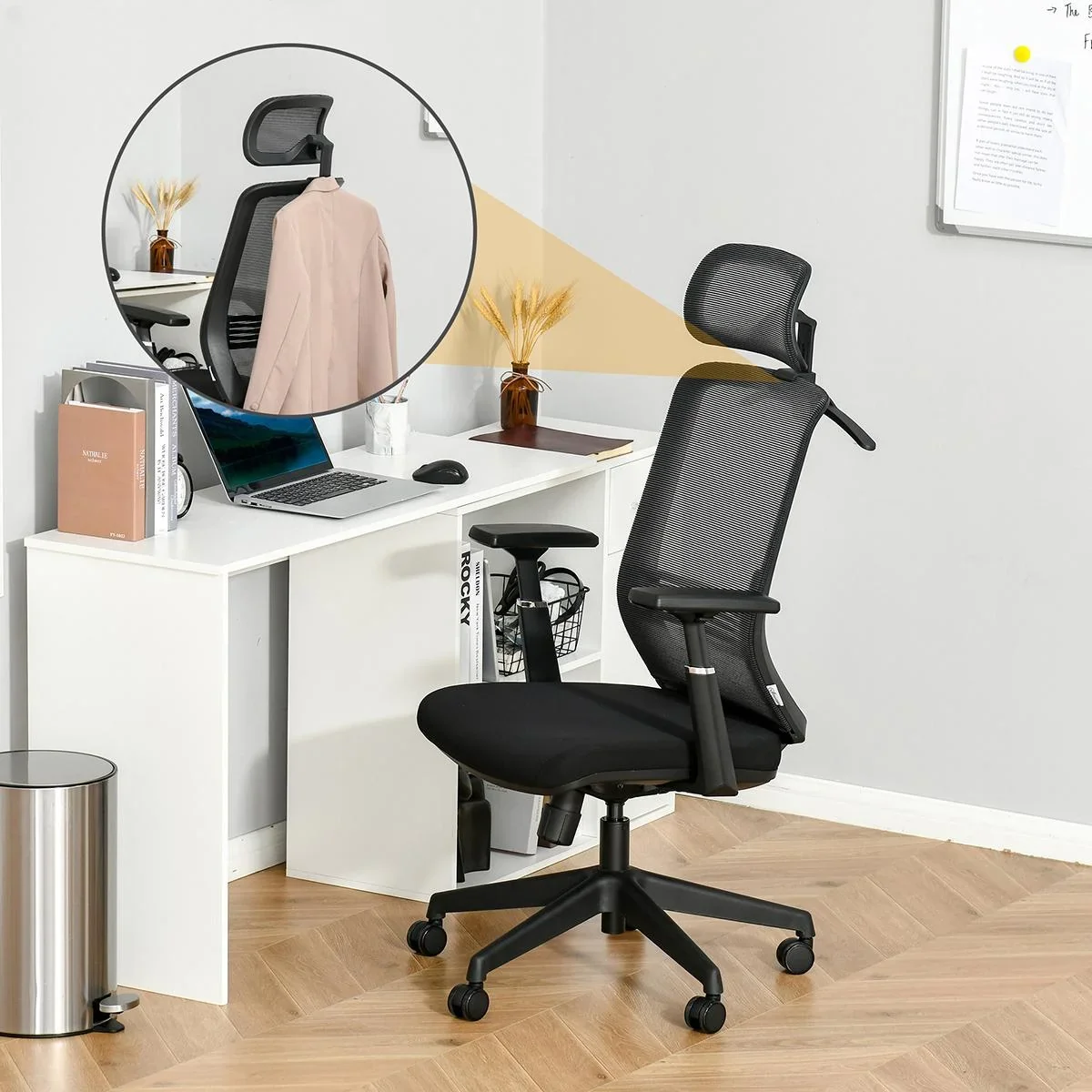 Bürostuhl Schreibtischstuhl Arbeitstuhl mit Kopfstütze Kleiderbügel höhenverstellbarer Drehstuhl Nylon Mesh Schwarz 66 x - 2