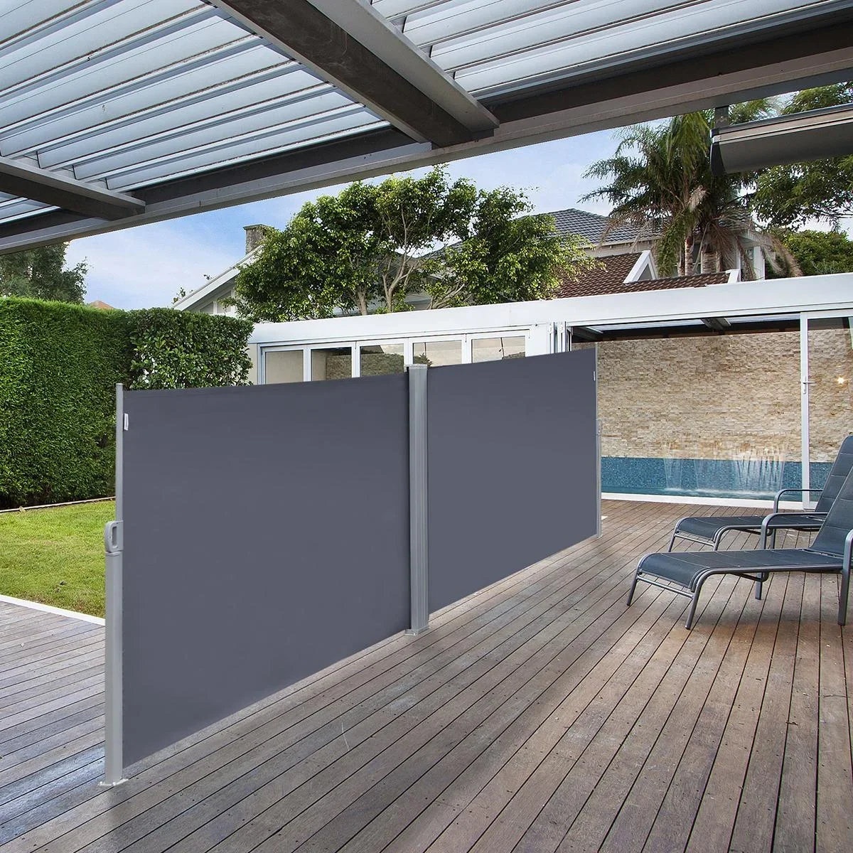 Seitenmarkise, Sicht- und Sonnenschutz, Seitenrollo, Polyester, Grau, 6 x 1,8 m - 1
