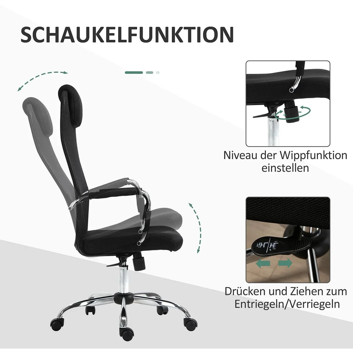 Bürostuhl mit Wippfunktion und Kopfstütze Schwarz - 5