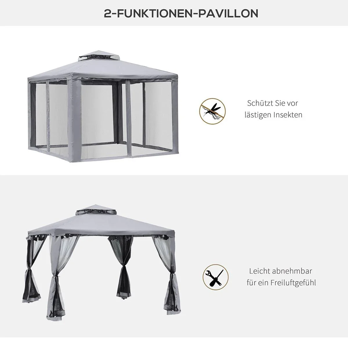 Gartenpavillon Pavillon Gartenzelt Festzelt Partyzelt mit 4 x Seitenwand wetterfest Metall + Polyester Grau 3 x 3 x 2,6 - 2