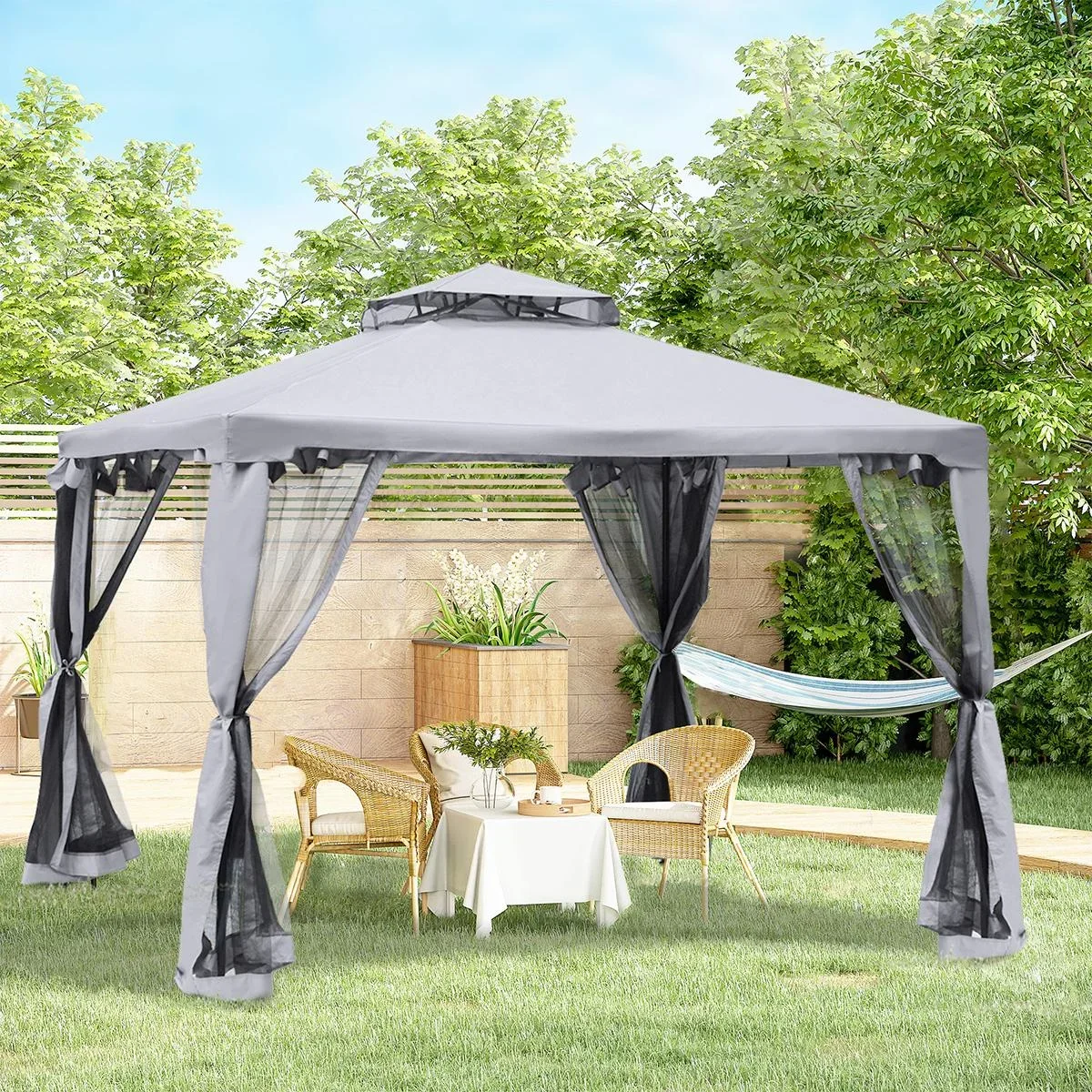 Gartenpavillon Pavillon Gartenzelt Festzelt Partyzelt mit 4 x Seitenwand wetterfest Metall + Polyester Grau 3 x 3 x 2,6 - 3