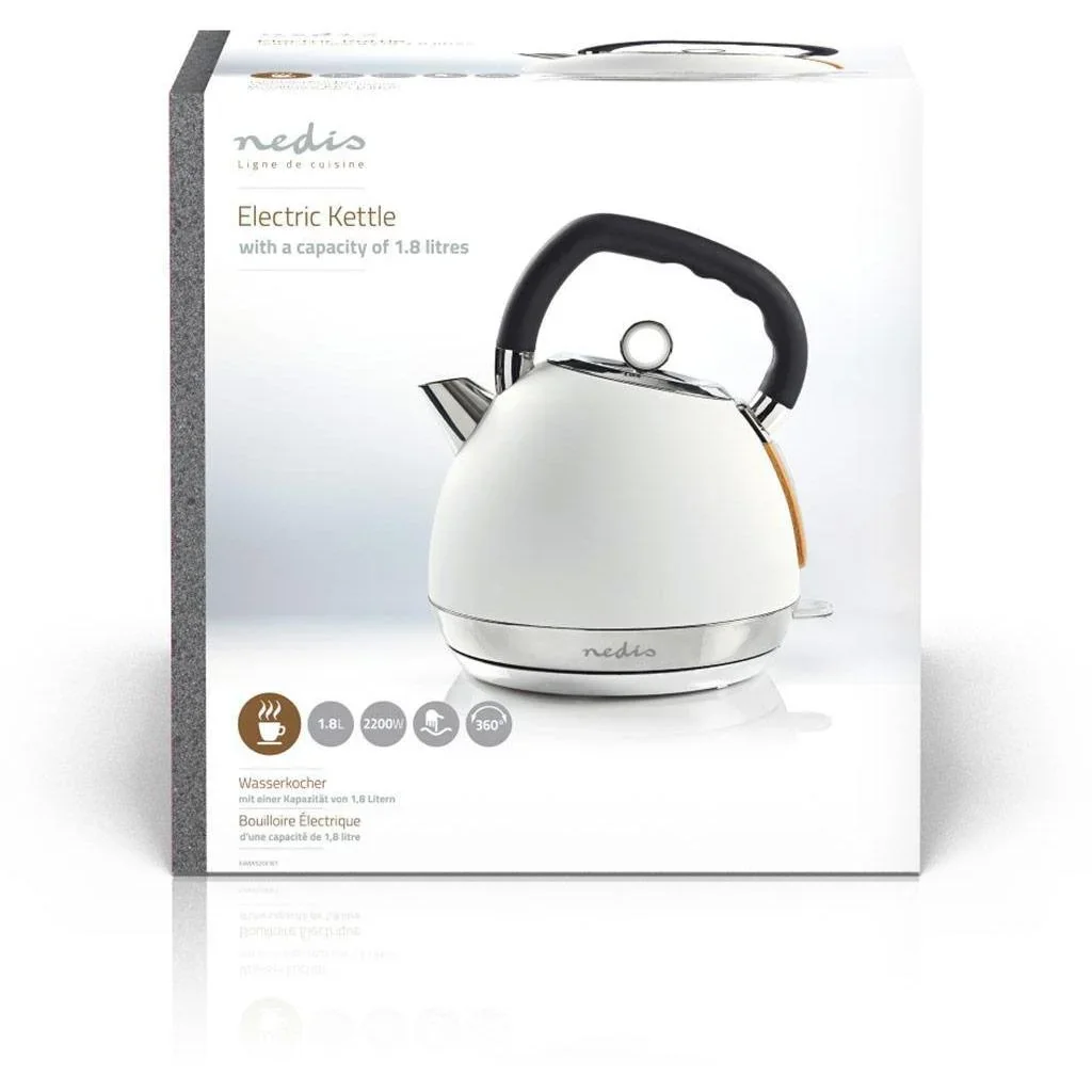 Nedis Wasserkocher - 2200W - 1.8L - Soft-Touch - Weiß - 360-Grad-Drehung - Kochtrockenschutz - 2