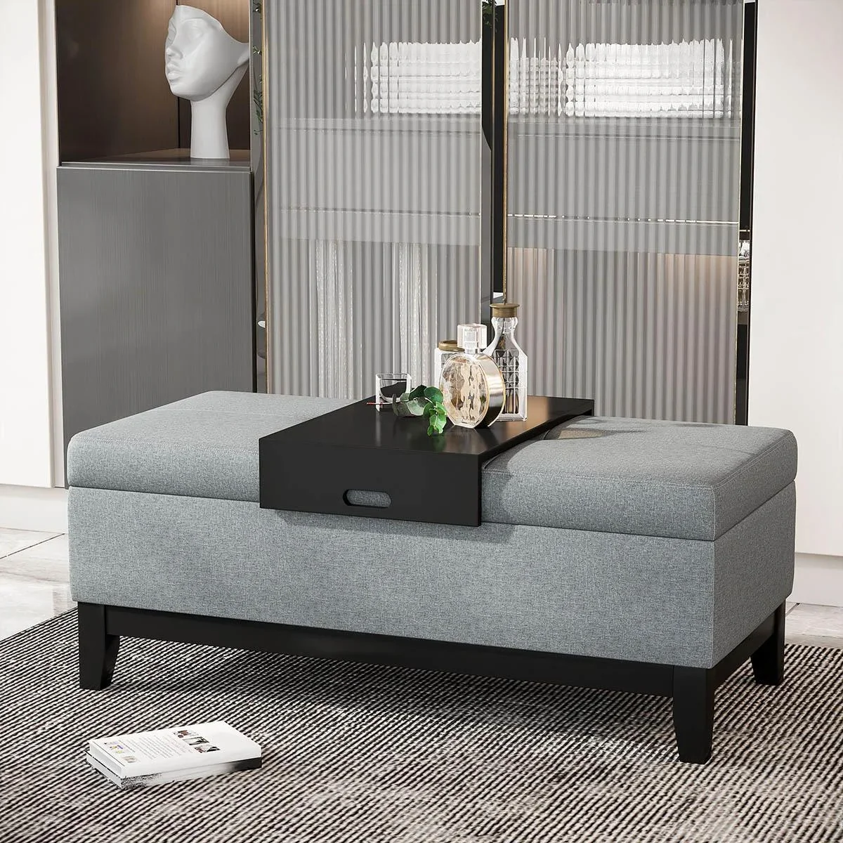 Sitzbank mit Stauraum Polsterbank Sitzhocker Sitztruhe belastbar bis 120 kg mit Tablett abnehmbar Polyester Schaumstoff - 1