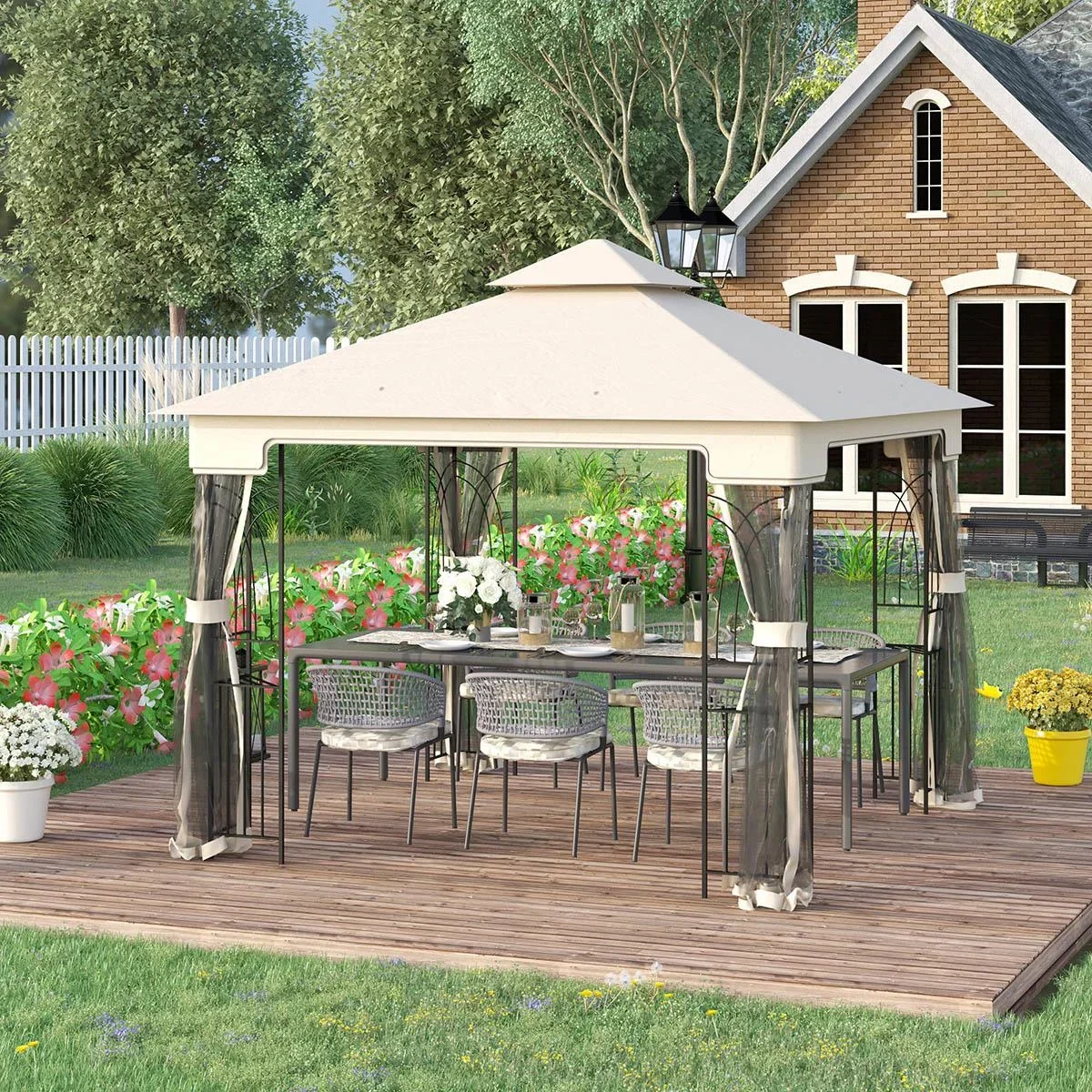 Gartenpavillon mit Doppeldach und Eckbrettern, cremeweiß, 3 x 3 m - 1