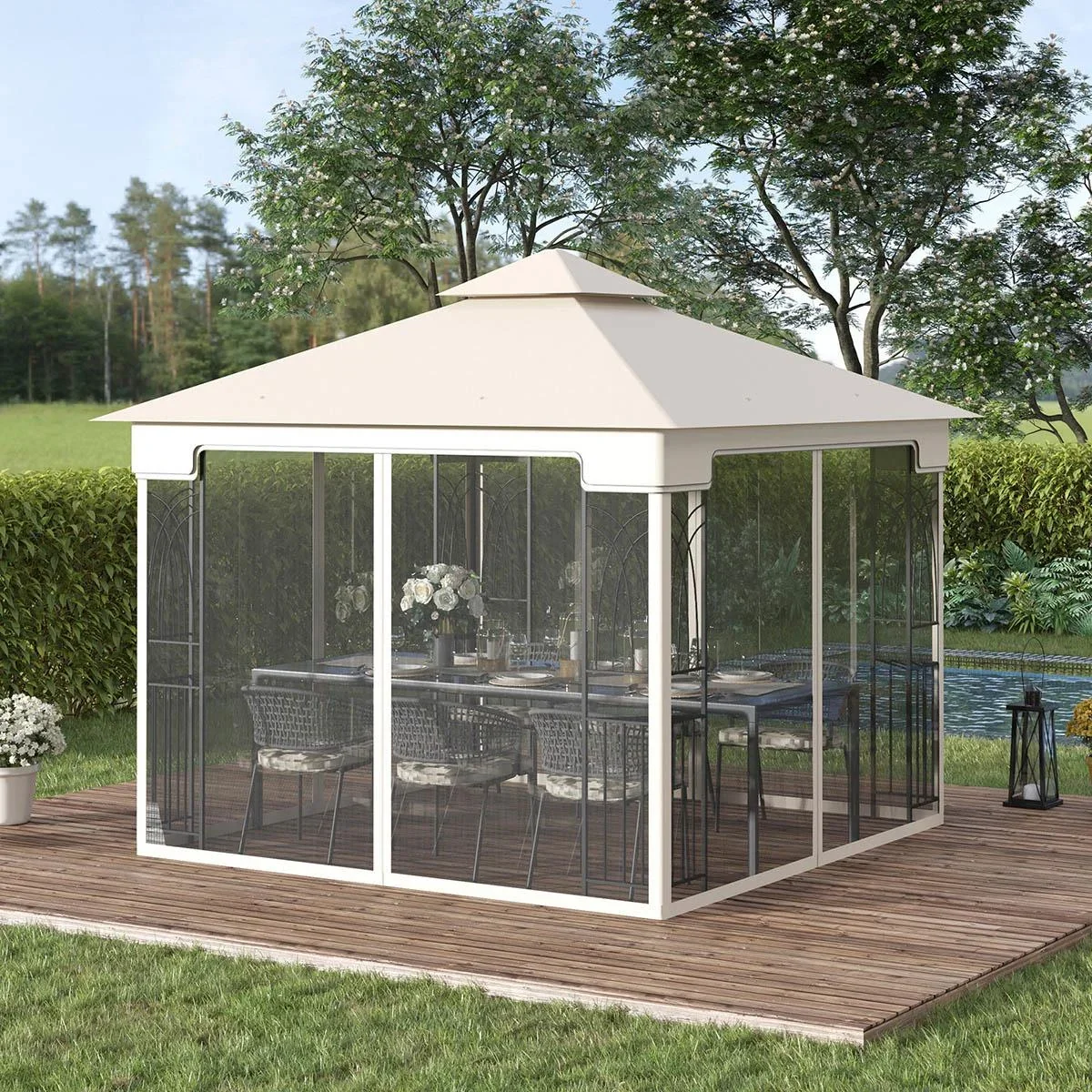 Gartenpavillon mit Doppeldach und Eckbrettern, cremeweiß, 3 x 3 m - 3