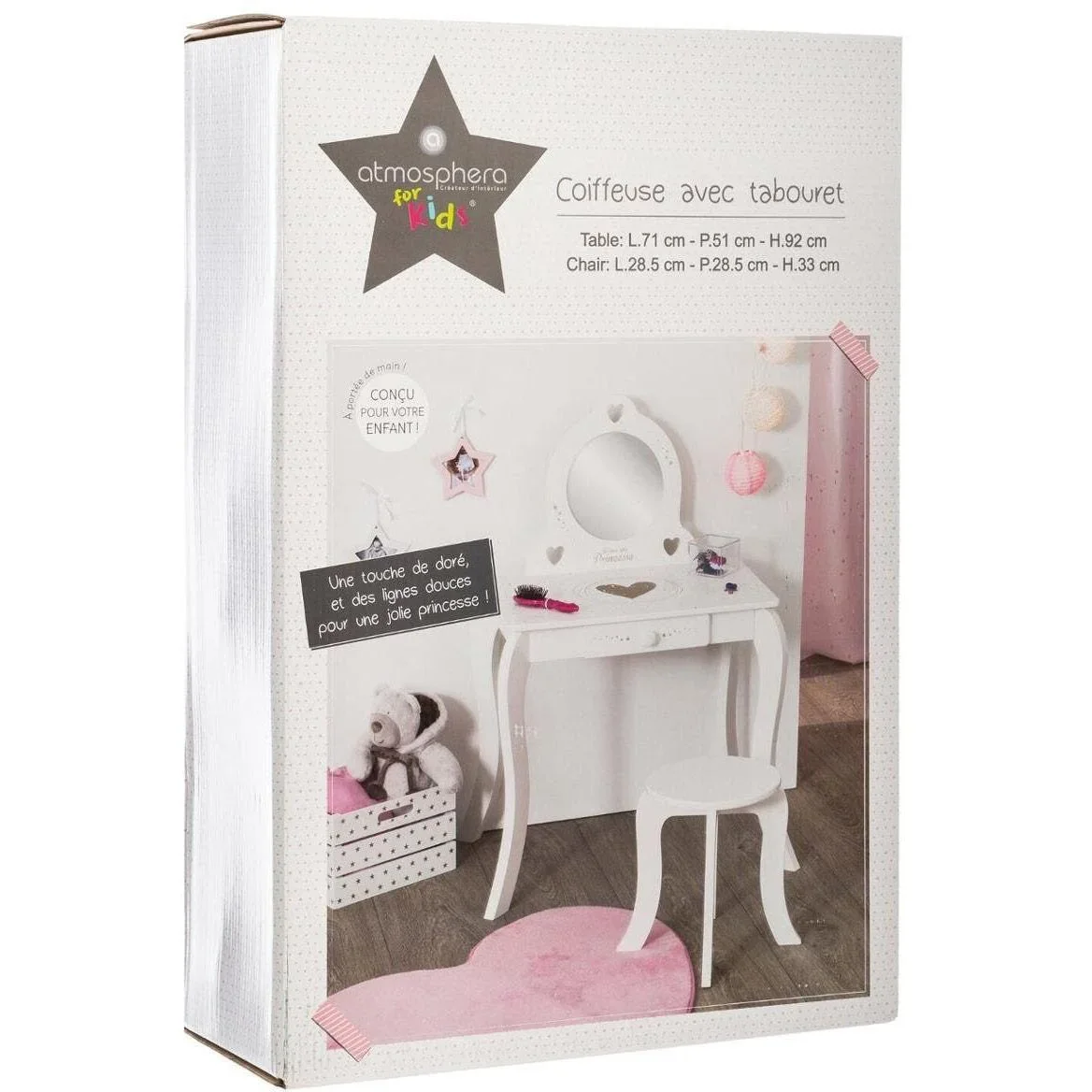 Schminktisch mit Hocker für Kinder - 71,5 x 50,5 x 91 cm - Weiß - 0