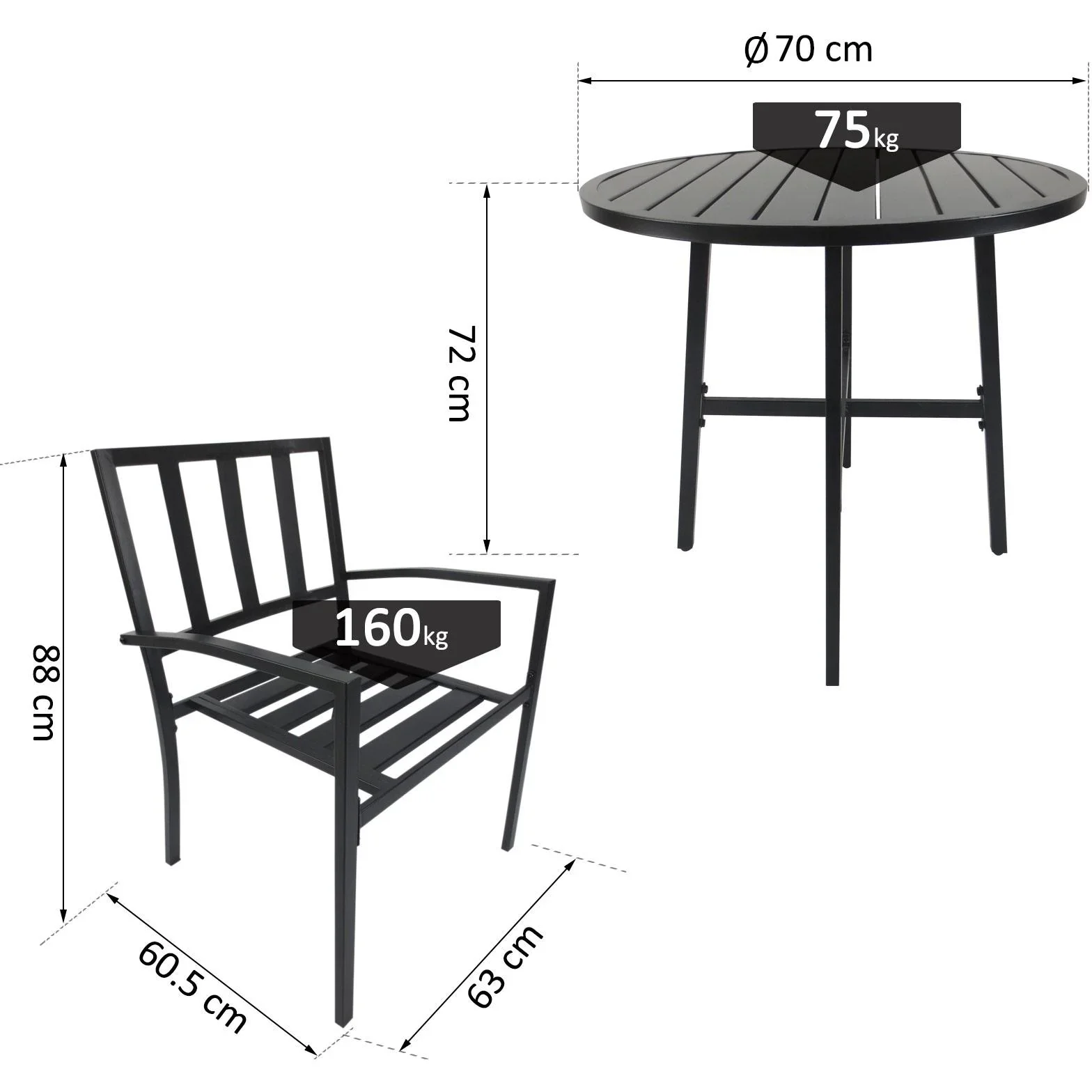 3-teilige Essgruppe Sitzgruppe Esstisch-Set rund Tisch Metall Schwarz mit 1 Tisch + 2 Stühlen - 1
