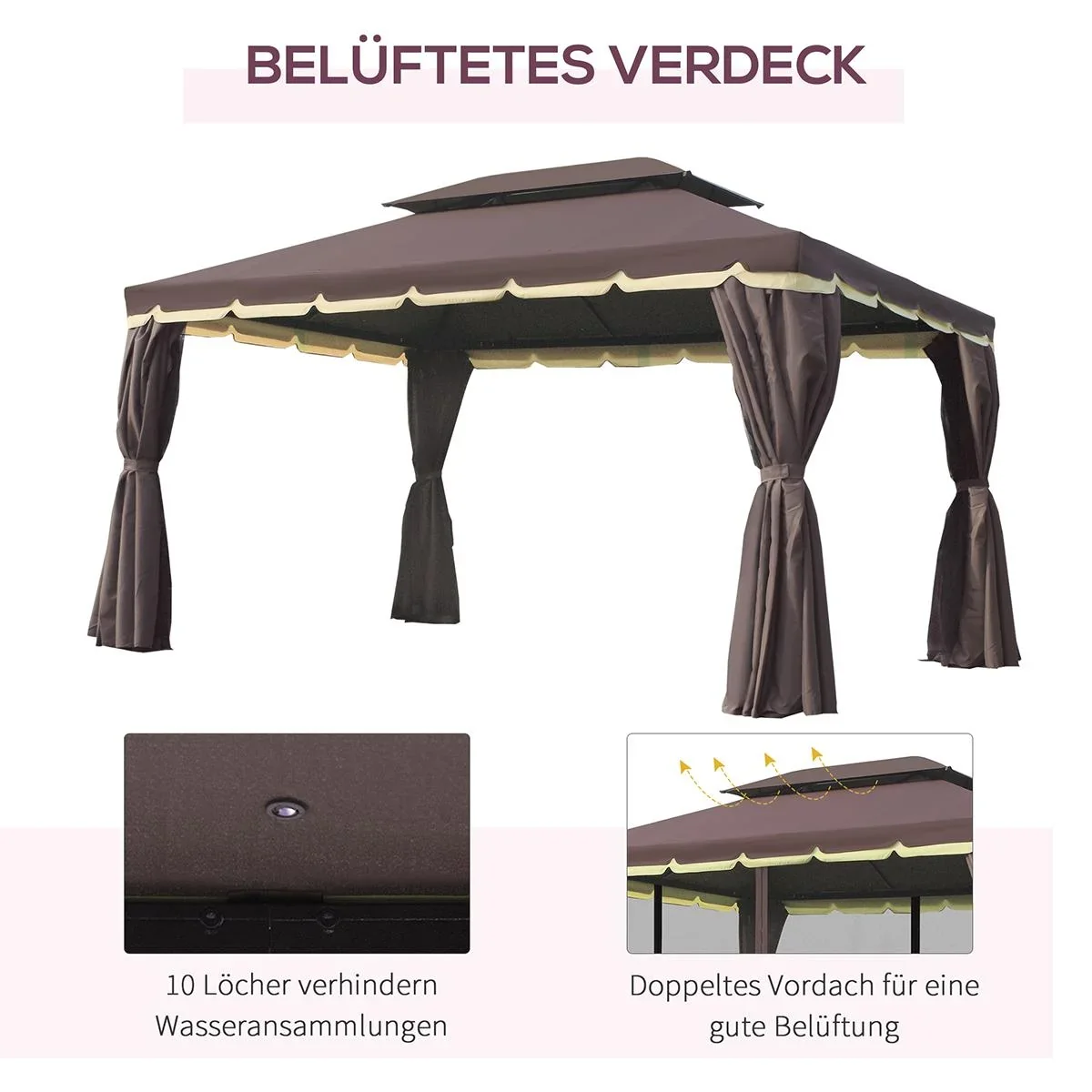 Gartenpavillon Pavillon Gartenzelt Festzelt Partyzelt mit 4 x Seitenwand wetterfest Aluminium Polyester Kaffee+Schwarz 3 - 1