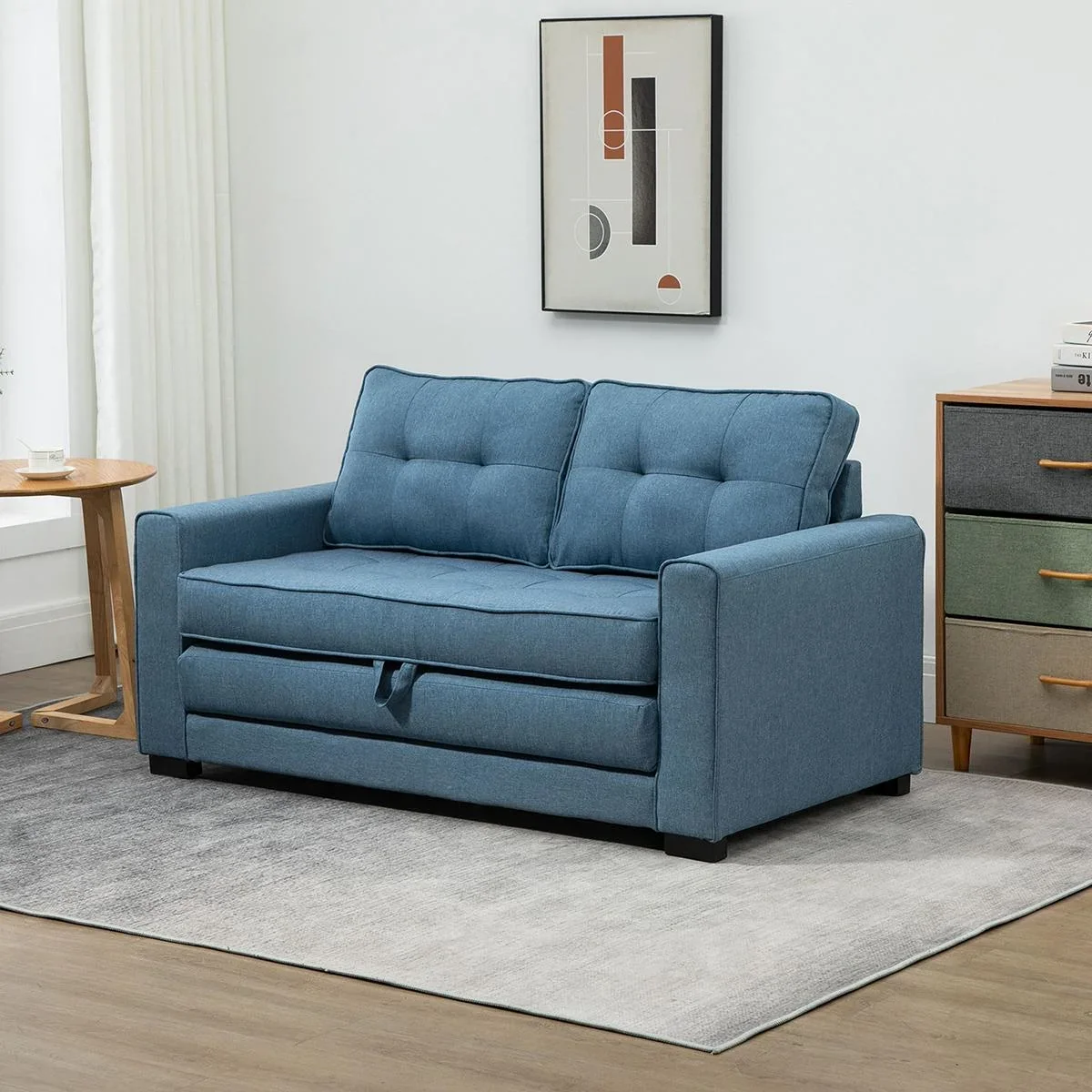 Ausziehbares Zweisitzer-Bettsofa, Massivholz, Leinenoptik, blau, 147,5 x 75 x 85 cm - 0