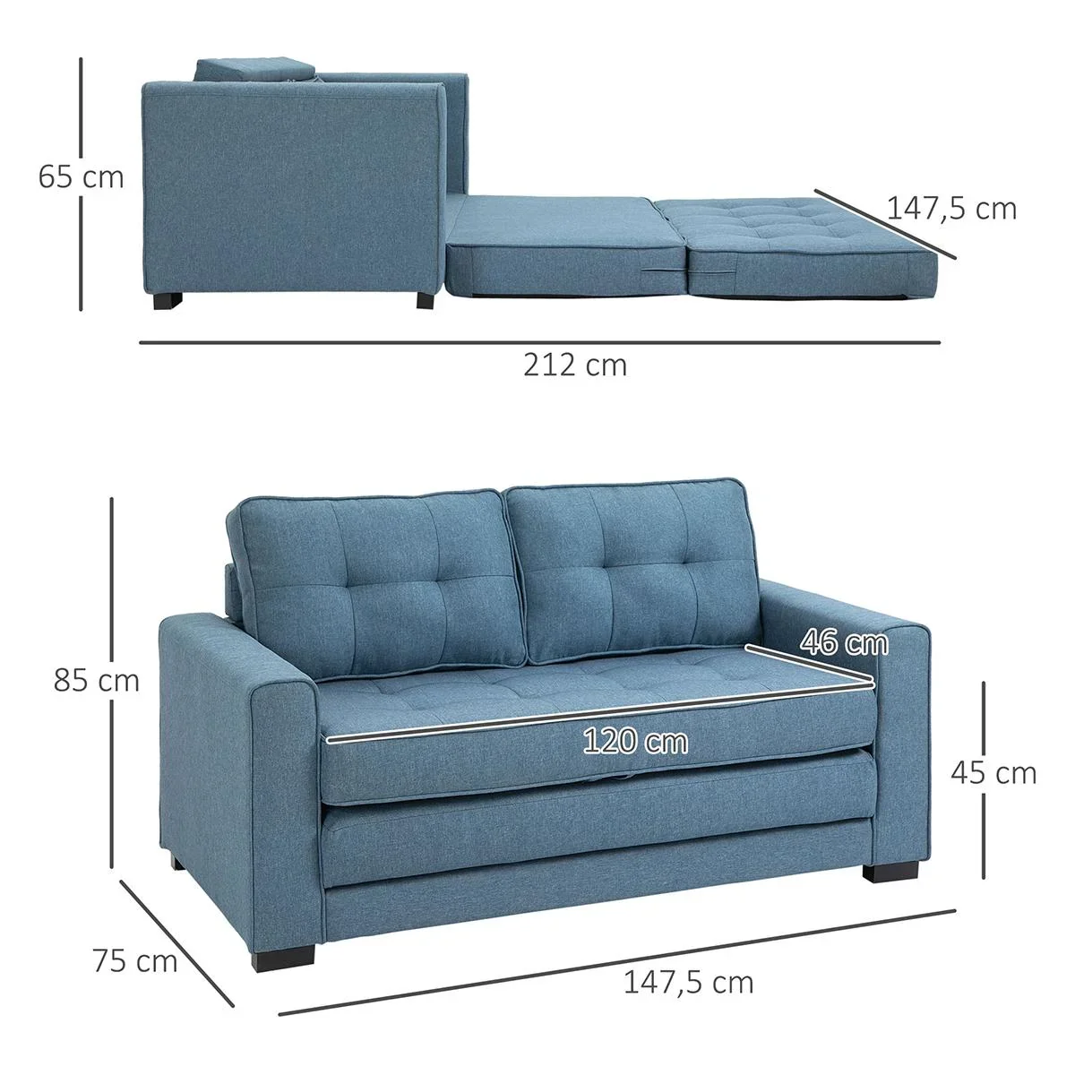Ausziehbares Zweisitzer-Bettsofa, Massivholz, Leinenoptik, blau, 147,5 x 75 x 85 cm - 2